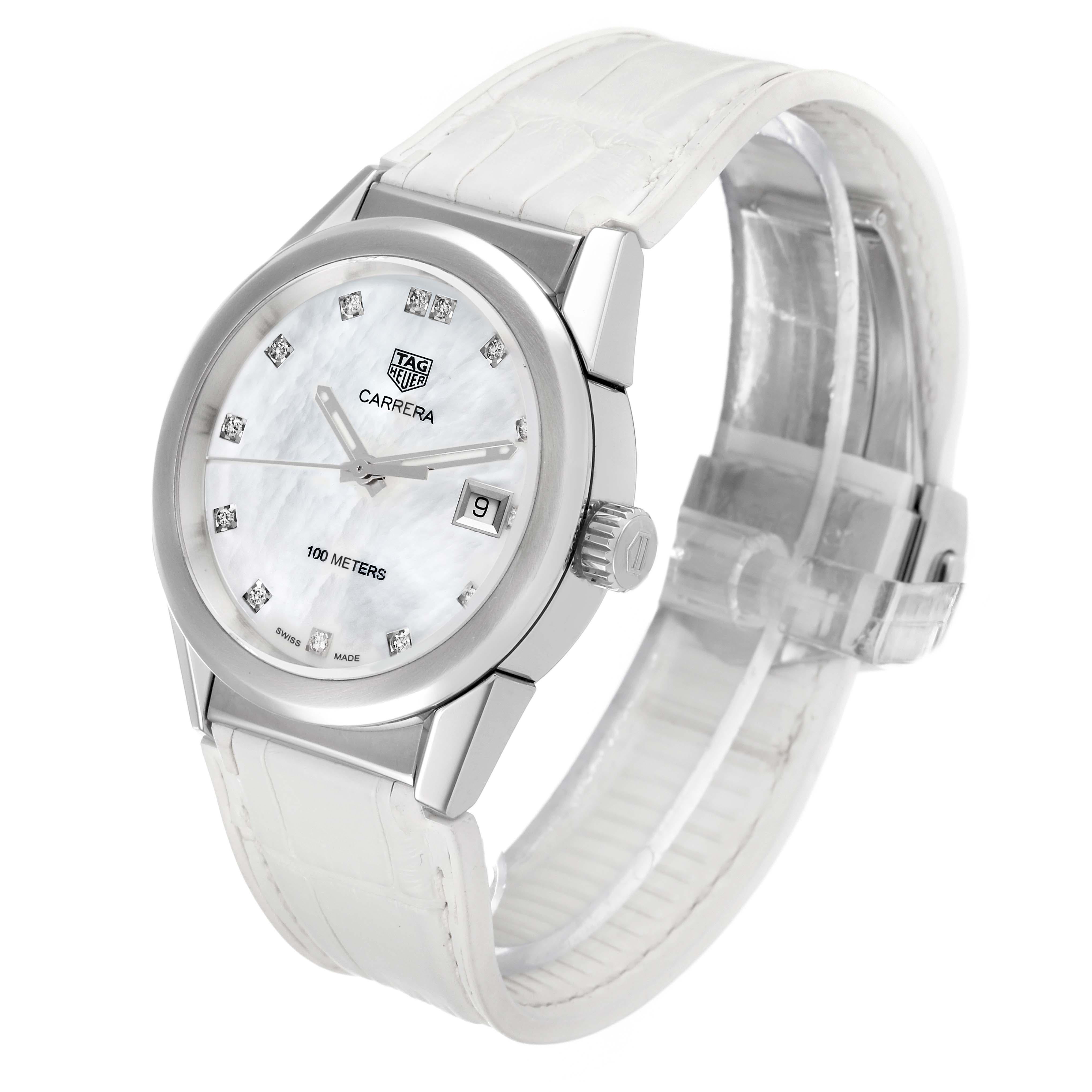 TAG Heuer Carrera Mother Of Pearl Diamond Dial Steel Ladies Watch WBG1312 Box In Excellent Condition In Atlanta, GA