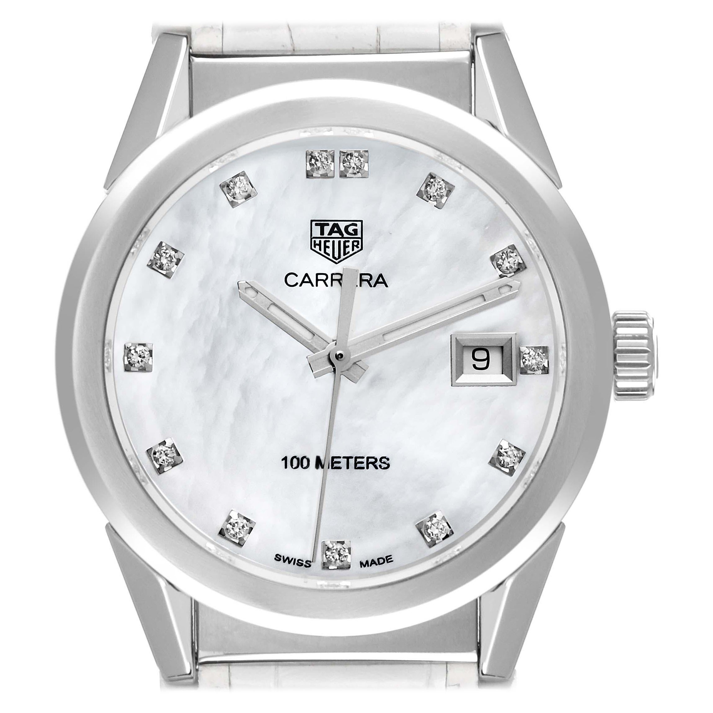 TAG Heuer Carrera Mother Of Pearl Diamond Dial Steel Ladies Watch WBG1312 Box