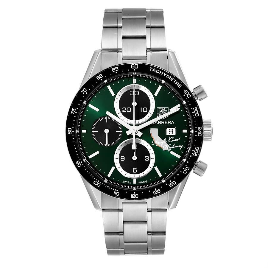 Tag Heuer Carrera Pacific Coast Highway LE Steel Mens Watch CV201N Box Card. Automatic self-winding chronograph movement. Stainless steel case 41.0 mm in diameter. Exhibition sapphire case back with printed Pacific Coast Highway design. Black bezel