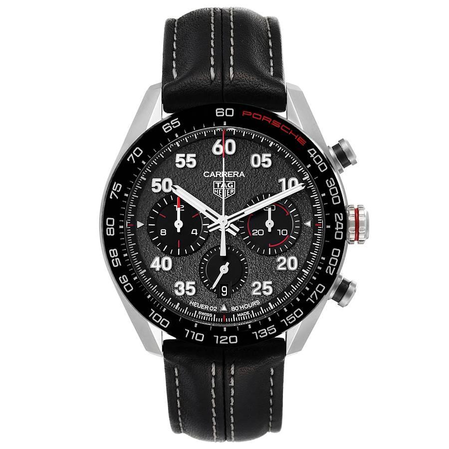 Tag Heuer Carrera Porsche LE Chronograph Mens Watch CBN2A1F Box Card. Automatic self-winding chronograph movement. Stainless steel round case 44.0 mm. Transparent sapphire case back. Black ceramic tachymeter scale bezel. Scratch resistant sapphire