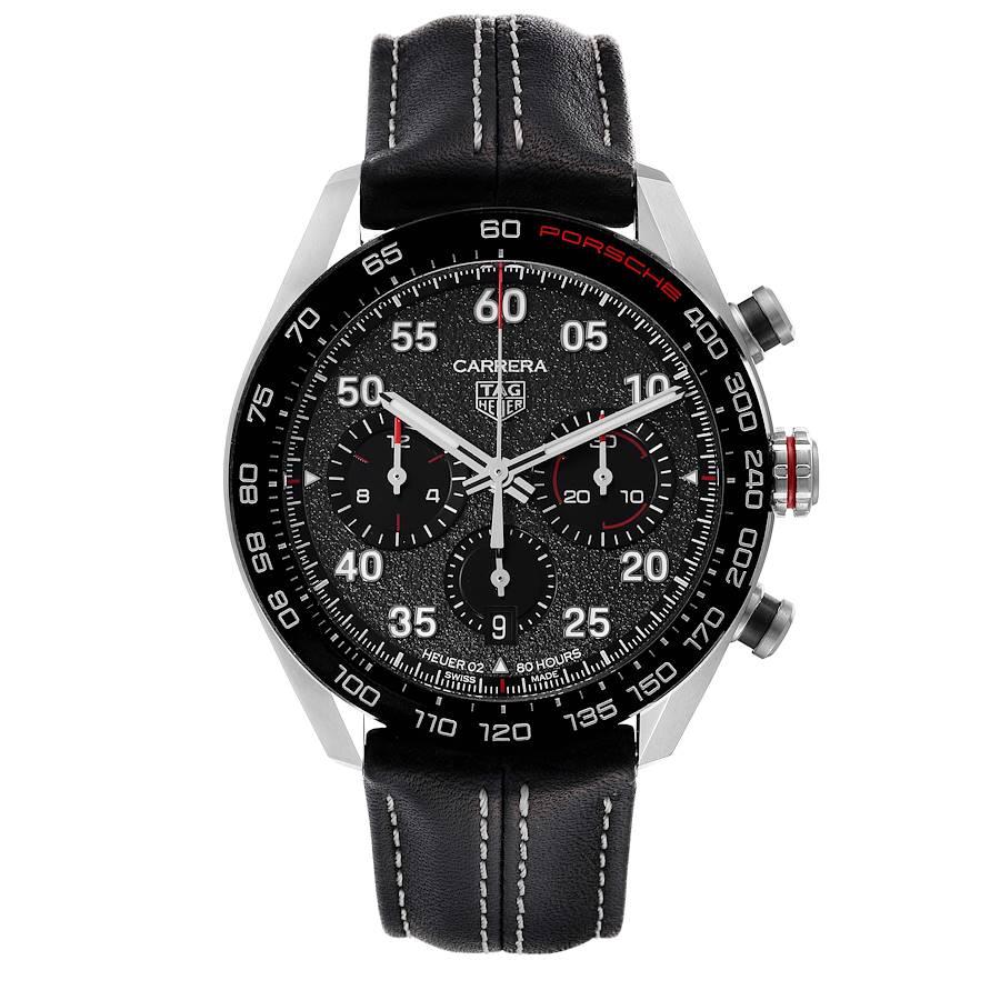 Tag Heuer Carrera Porsche LE Chronograph Mens Watch CBN2A1F Box Card. Automatic self-winding chronograph movement. Stainless steel round case 44.0 mm. Transparent sapphire crystal back. Black ceramic tachymeter scale bezel. Scratch resistant
