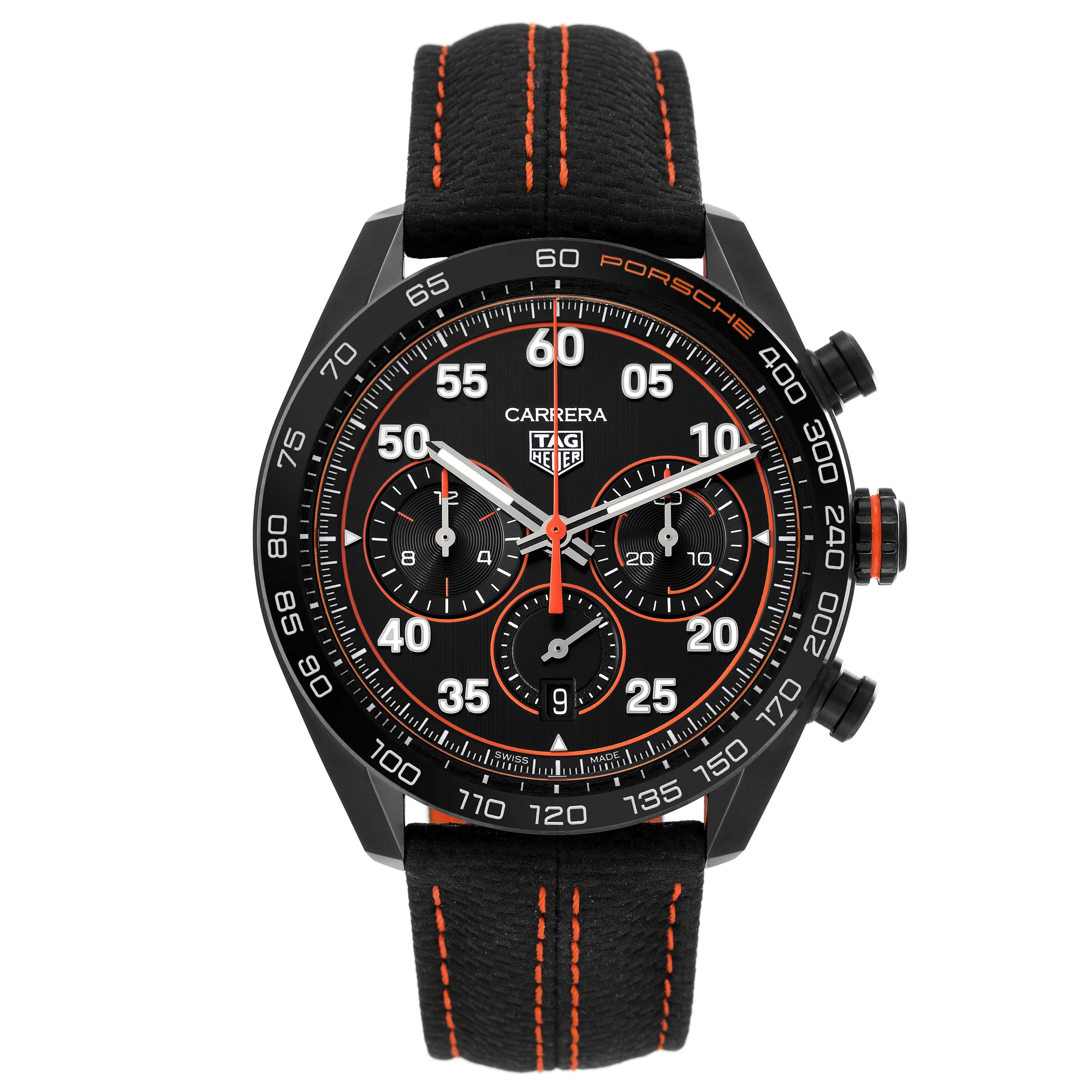 Tag Heuer Carrera Porsche LE Chronograph Steel Mens Watch CBN2A1M Unworn. Automatic self-winding chronograph movement. DLC coated stainless steel round case 44.0 mm. Transparent exhibition sapphire crystal case back. Black ceramic tachymeter scale