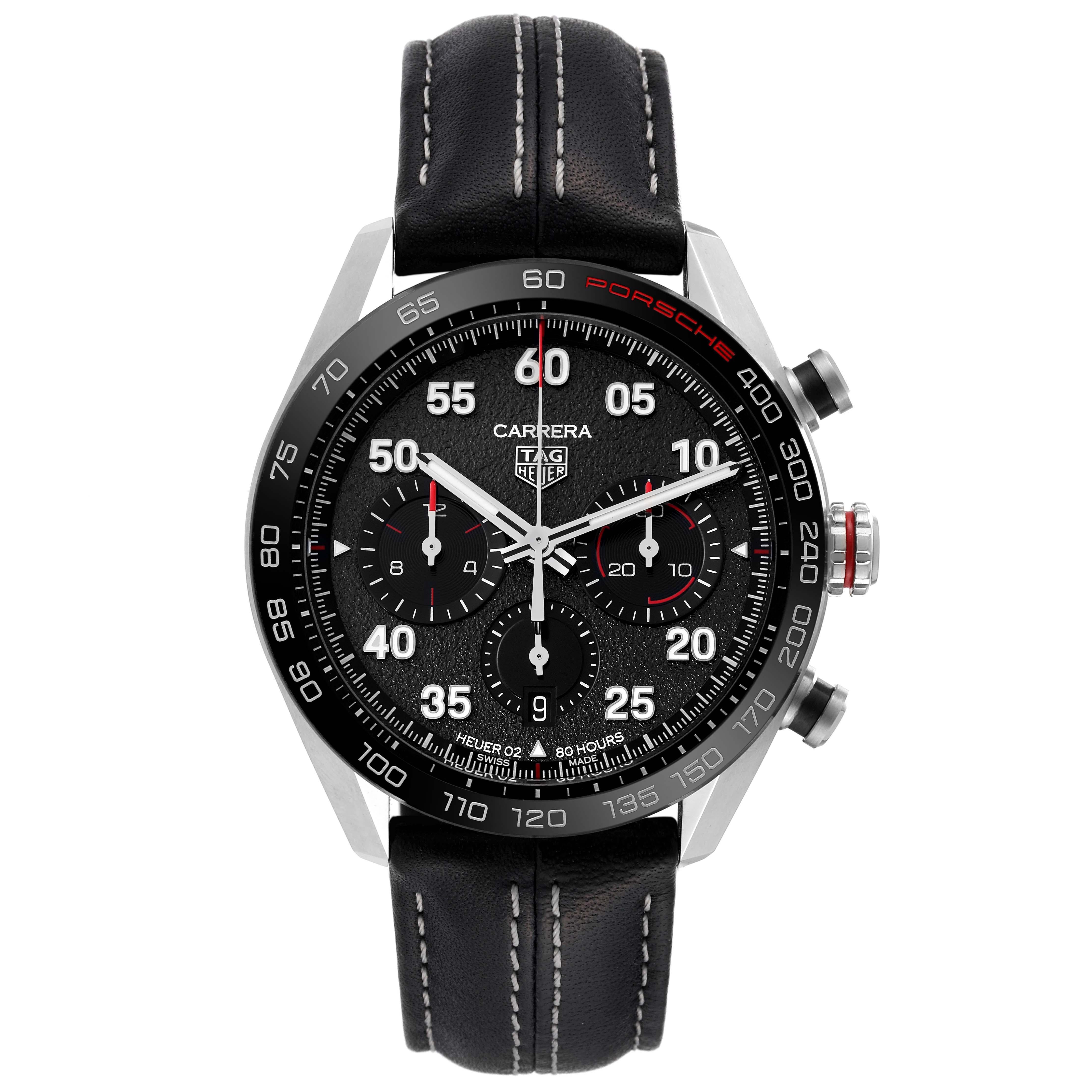 Tag Heuer Carrera Porsche Special Edition Steel Mens Watch CBN2A1F Box Card. Automatic self-winding chronograph movement. Stainless steel round case 44.0 mm. Transparent exhibition sapphire crystal caseback. Black ceramic tachymeter scale bezel.