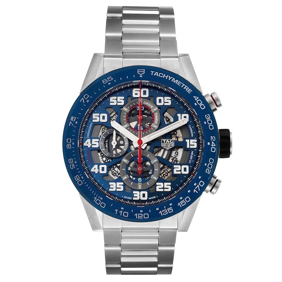 Tag Heuer Carrera Red Bull Racing Steel Mens Watch CAR2A1K Box Card. Automatic self-winding chronograph movement. Stainless steel case 45.0 mm. Exhibition sapphire crystal case back. Blue ceramic bezel with tachymeter scale. Scratch resistant