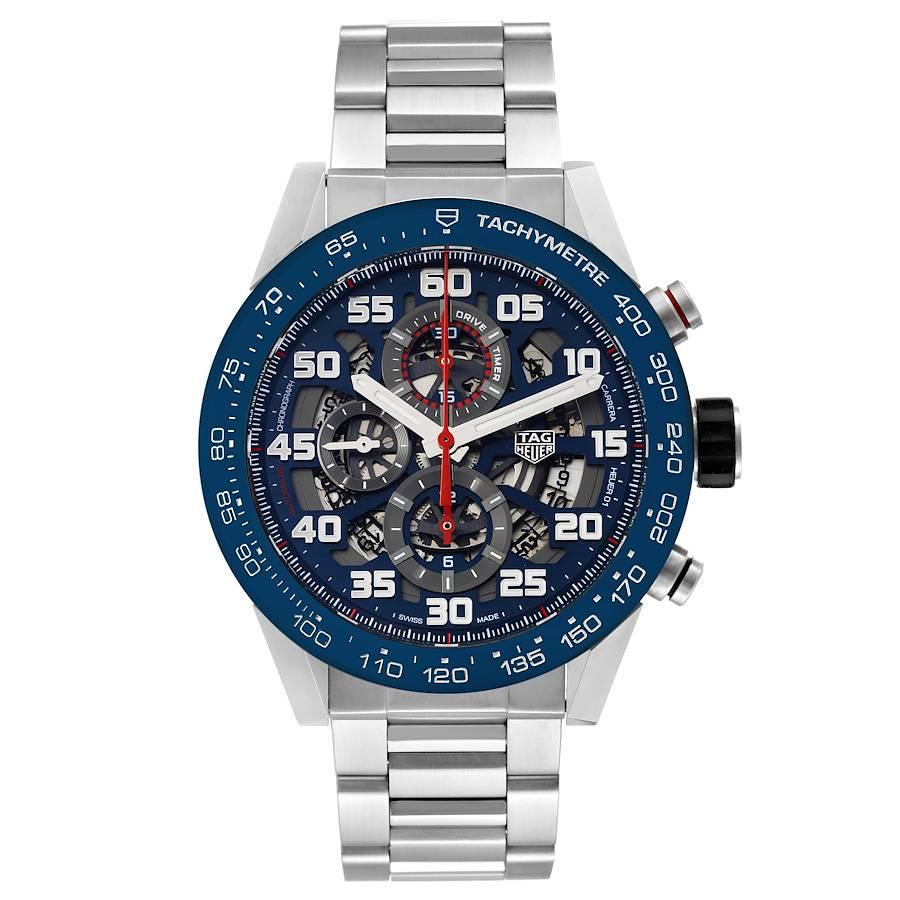 Tag Heuer Carrera Red Bull Racing Steel Mens Watch CAR2A1K Box Card. Automatic self-winding chronograph movement. Stainless steel case 45.0 mm. Exhibition sapphire crystal case back. Blue ceramic bezel with tachymeter scale. Scratch resistant