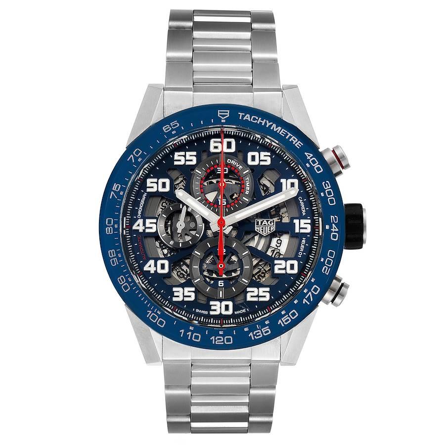 Tag Heuer Carrera Red Bull Racing Steel Mens Watch CAR2A1K Box Papers. Automatic self-winding chronograph movement. Stainless steel case 45.0 mm. Exhibition sapphire crystal case back. Blue ceramic bezel with tachymeter scale. Scratch resistant