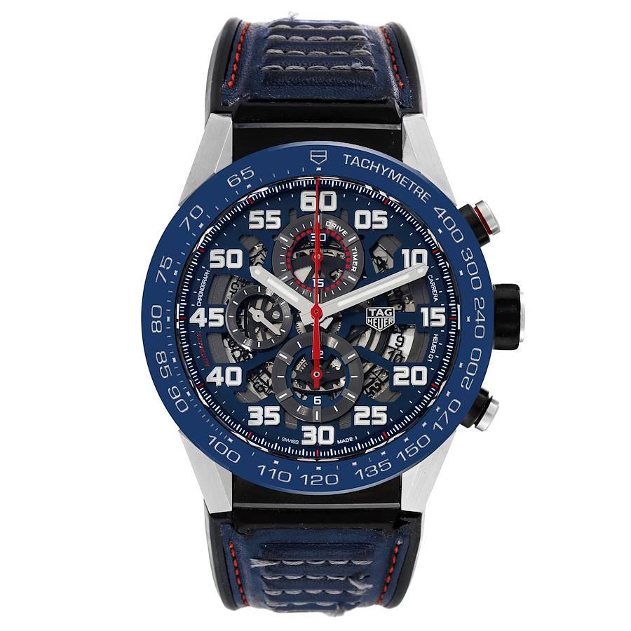 Tag Heuer Carrera Red Bull Racing Steel PVD Mens Watch CAR2A1N Box Card. Automatic self-winding chronograph movement. Stainless steel case 45.0 mm. Exhibition sapphire crystal case back. Blue ceramic bezel with tachymeter scale. Scratch resistant