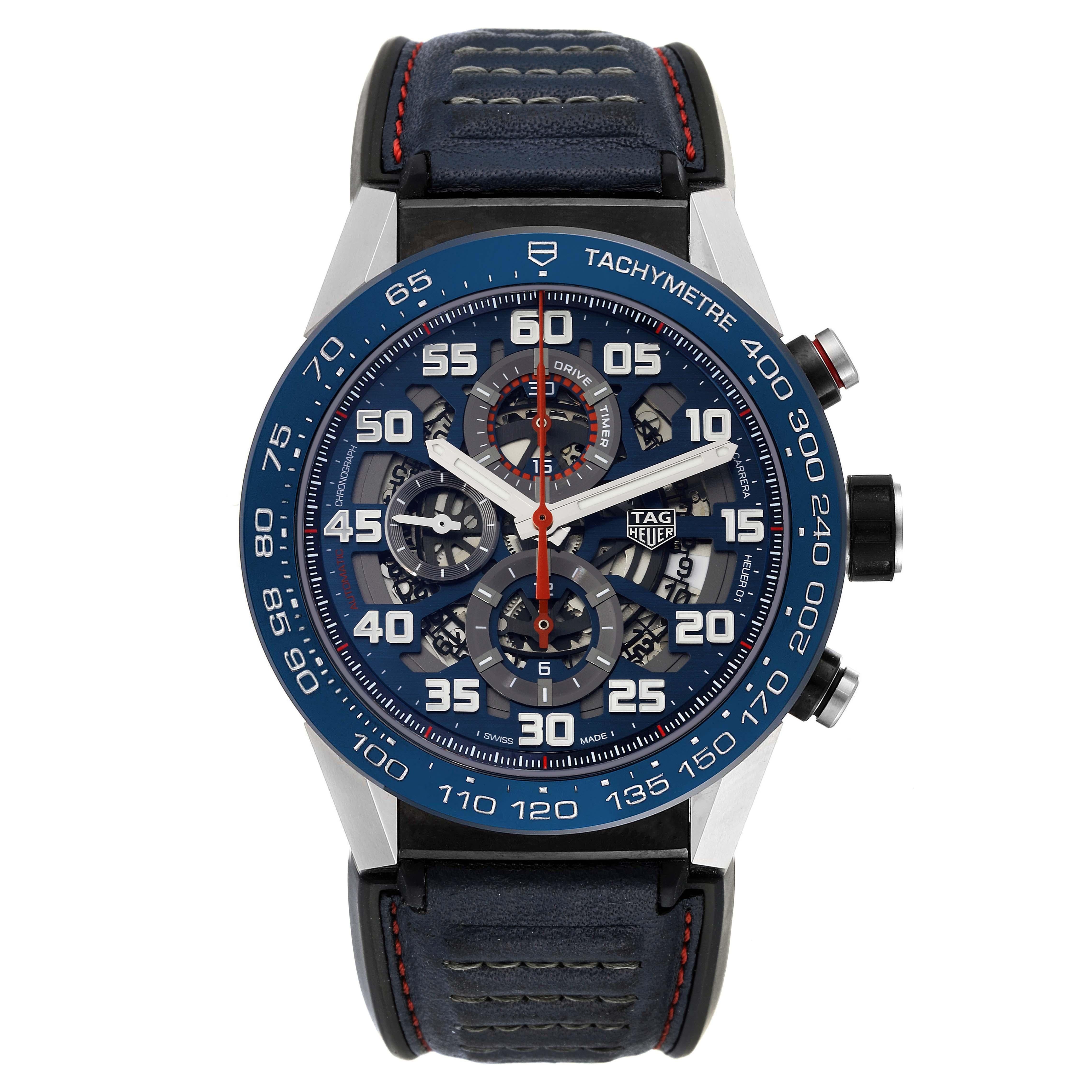 Tag Heuer Carrera Red Bull Racing Steel PVD Mens Watch CAR2A1N Box Card. Automatic self-winding chronograph movement. Stainless steel PVD case 45.0 mm. Exhibition transparent sapphire crystal caseback. Blue ceramic bezel with tachymeter scale.
