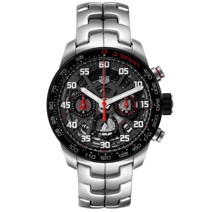 Tag Heuer Carrera Senna Special Edition Chronograph Watch CBG2013 Box Card. Automatic self-winding movement. Stainless steel case 43.0 mm.   Transparent exhibition sapphire crystal case back. Black bezel with tachymeter scale. Scratch resistant