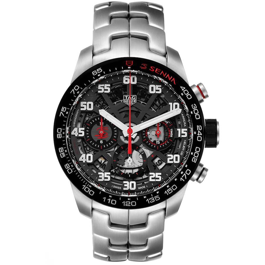 Tag Heuer Carrera Senna Special Edition Chronograph Watch CBG2013 Box Card. Automatic self-winding movement. Stainless steel case 43.0 mm.   Translucent exhibition sapphire crystal case back. Black bezel with tachymeter scale. Scratch resistant