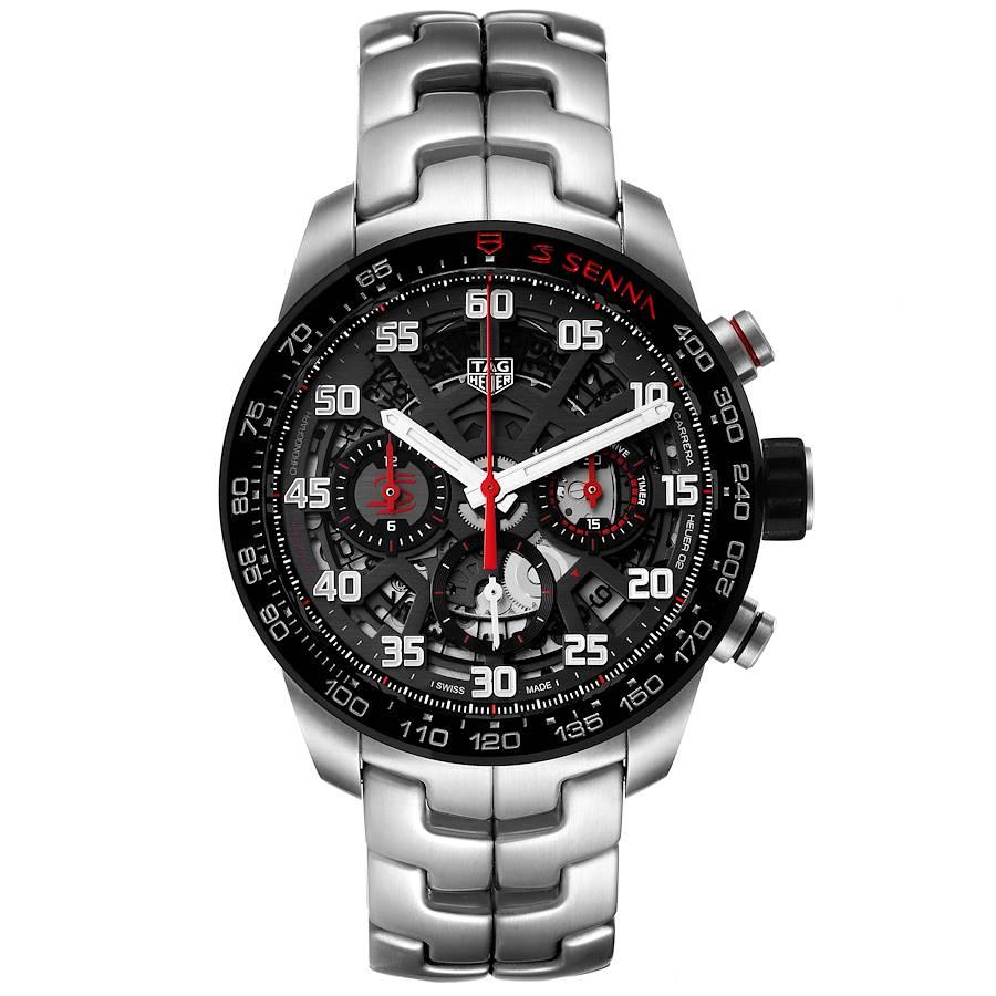 Tag Heuer Carrera Senna Special Edition Chronograph Watch CBG2013 Box Papers. Automatic self-winding movement. Translucent exhibition sapphire crystal case back. Black bezel with tachymeter scale. Scratch resistant sapphire crystal. Skeleton dial
