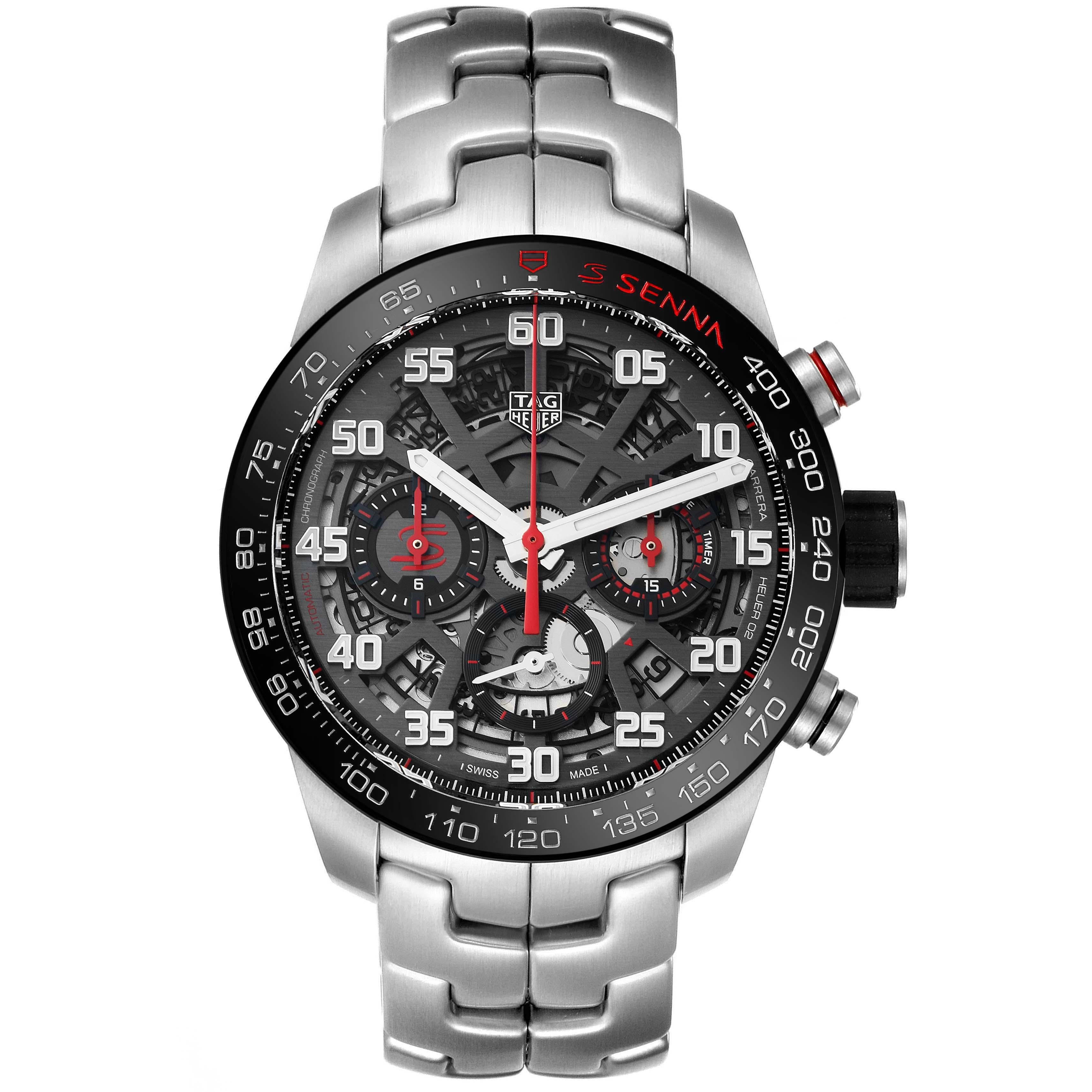 Tag Heuer Carrera Senna Special Edition Steel Mens Watch CBG2013 Box Card. Automatic self-winding movement. Stainless steel case 43.0 mm.   Transparent exhibition sapphire crystal caseback. Black bezel with tachymeter scale. Scratch resistant