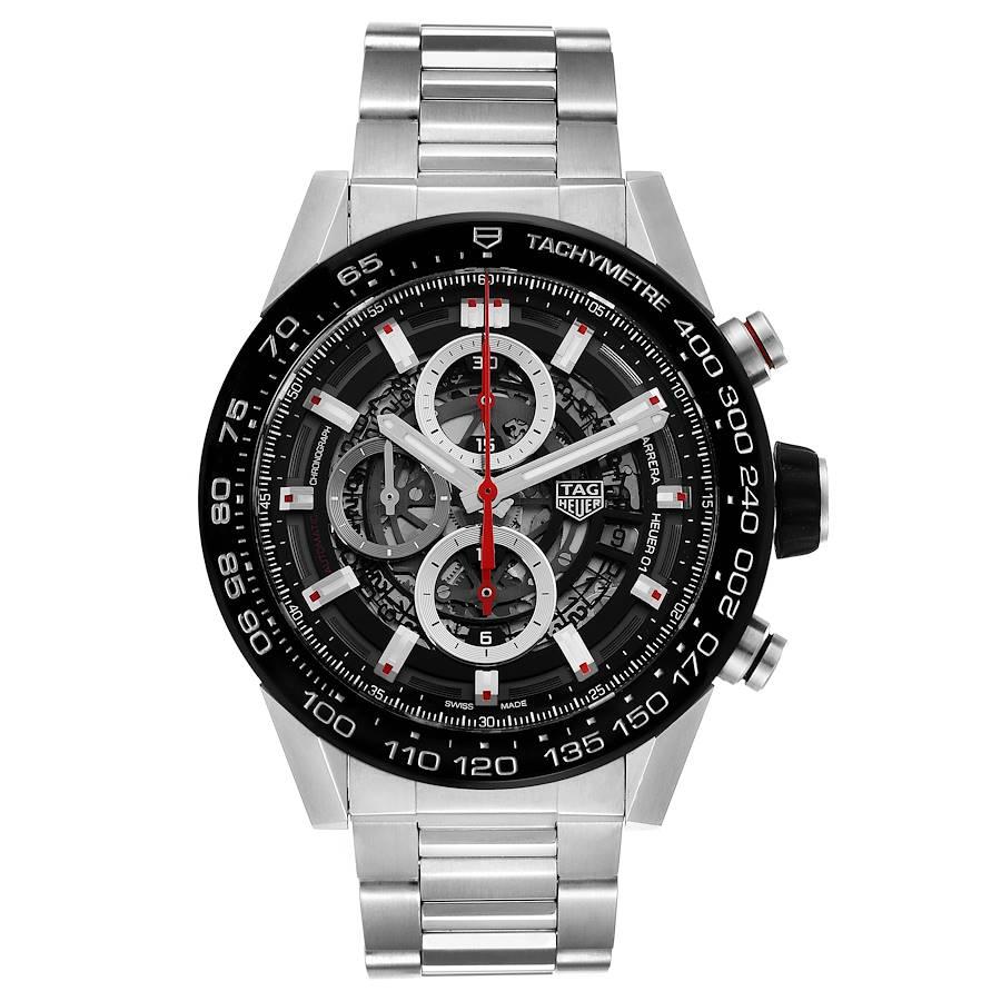 Tag Heuer Carrera Skeleton Dial Chronograph Mens Watch CAR2A1W. Automatic self-winding chronograph movement. Stainless steel case 45.0 mm. Exhibition sapphire crystal case back. Black bezel with tachymeter scale. Scratch resistant sapphire crystal.