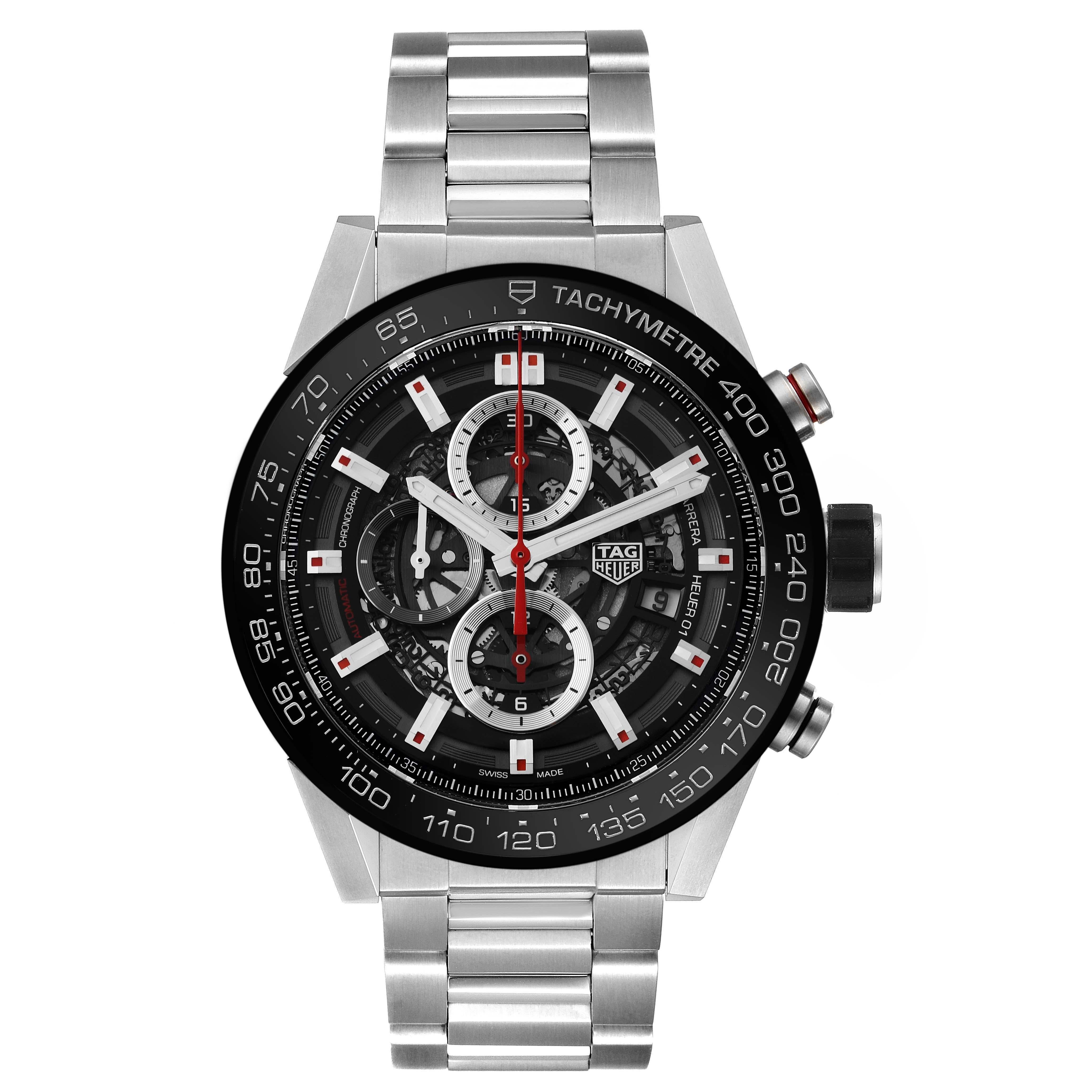 Tag Heuer Carrera Skeleton Dial Chronograph Steel Mens Watch CAR2A1W Box Card. Automatic self-winding chronograph movement. Stainless steel case 45.0 mm in diameter. Transparent exhibition sapphire crystal case back. Black bezel with tachymeter