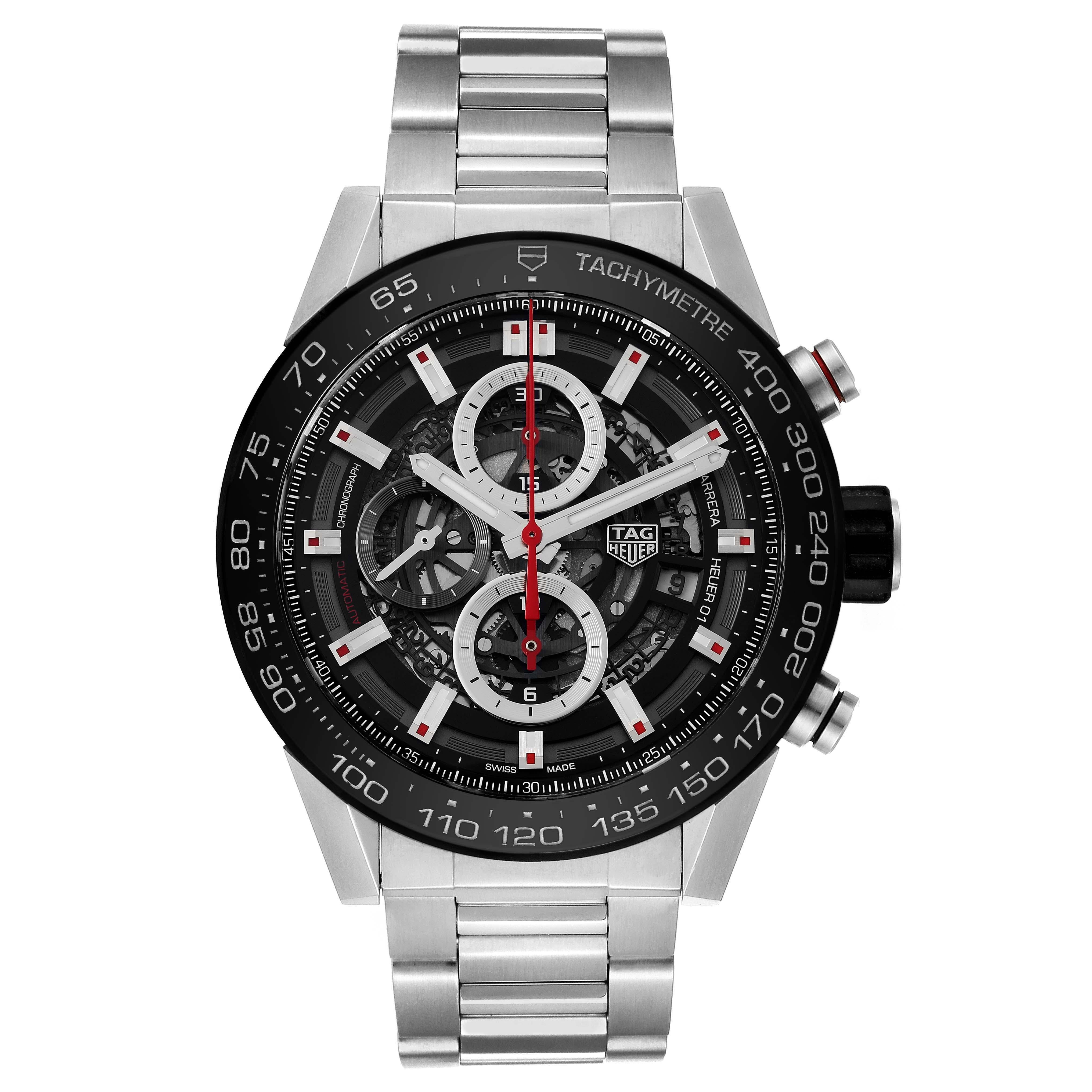 Tag Heuer Carrera Skeleton Dial Chronograph Steel Mens Watch CAR2A1W Box Card. Automatic self-winding chronograph movement. Stainless steel case 45.0 mm in diameter. Transparent exhibition sapphire crystal caseback. Black bezel with tachymeter