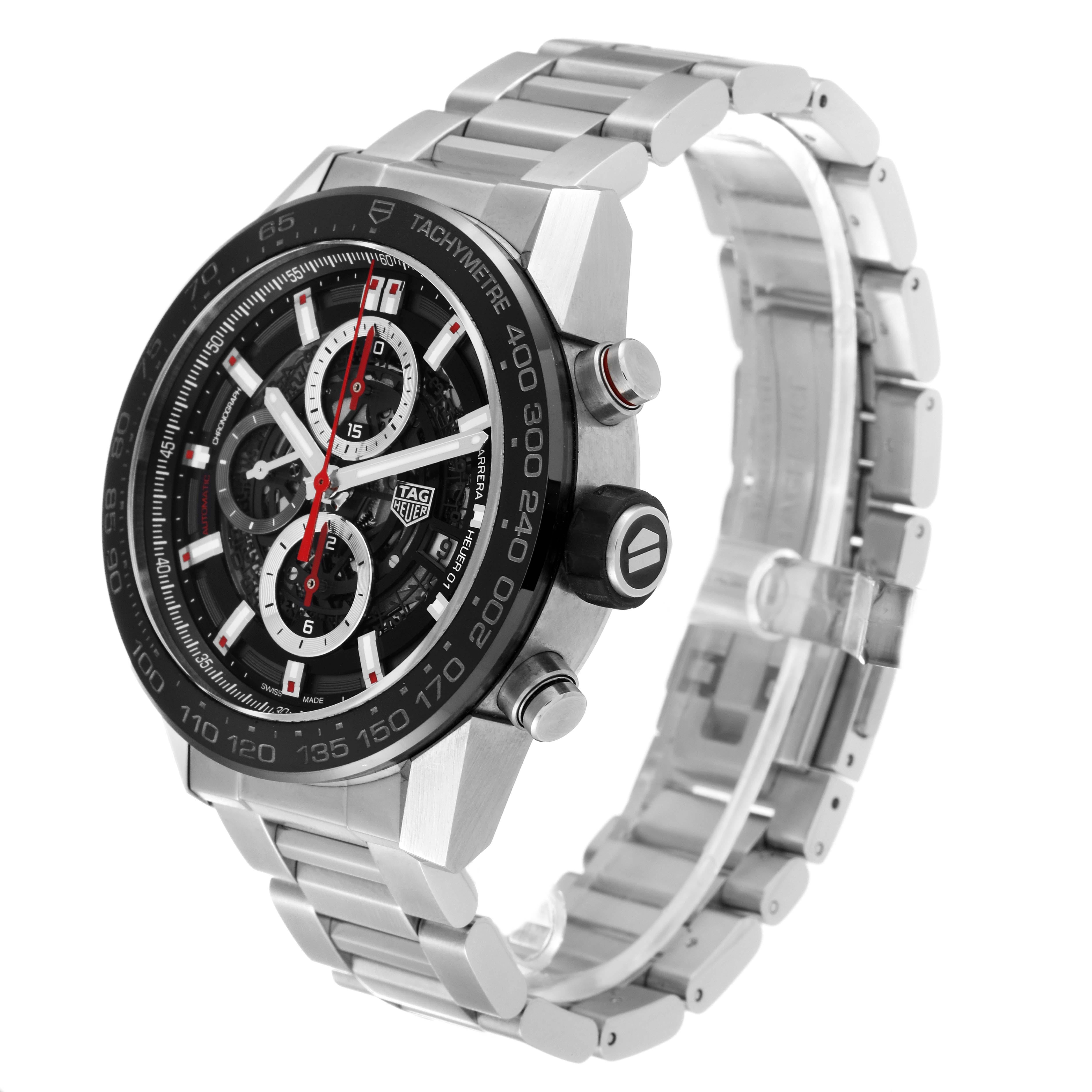 Men's Tag Heuer Carrera Skeleton Dial Chronograph Steel Mens Watch CAR2A1W Box Card For Sale