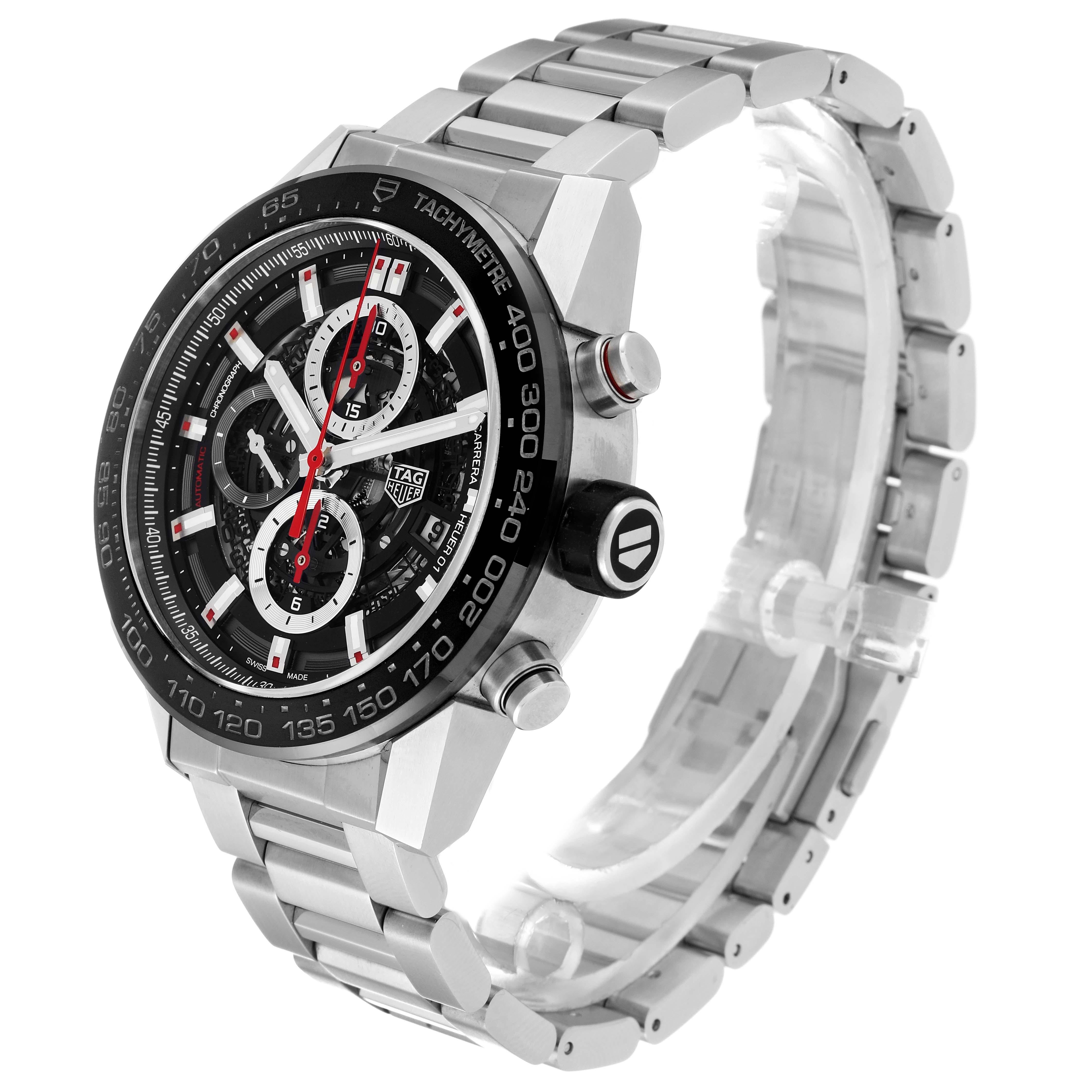 Men's Tag Heuer Carrera Skeleton Dial Chronograph Steel Mens Watch CAR2A1W Box Card For Sale