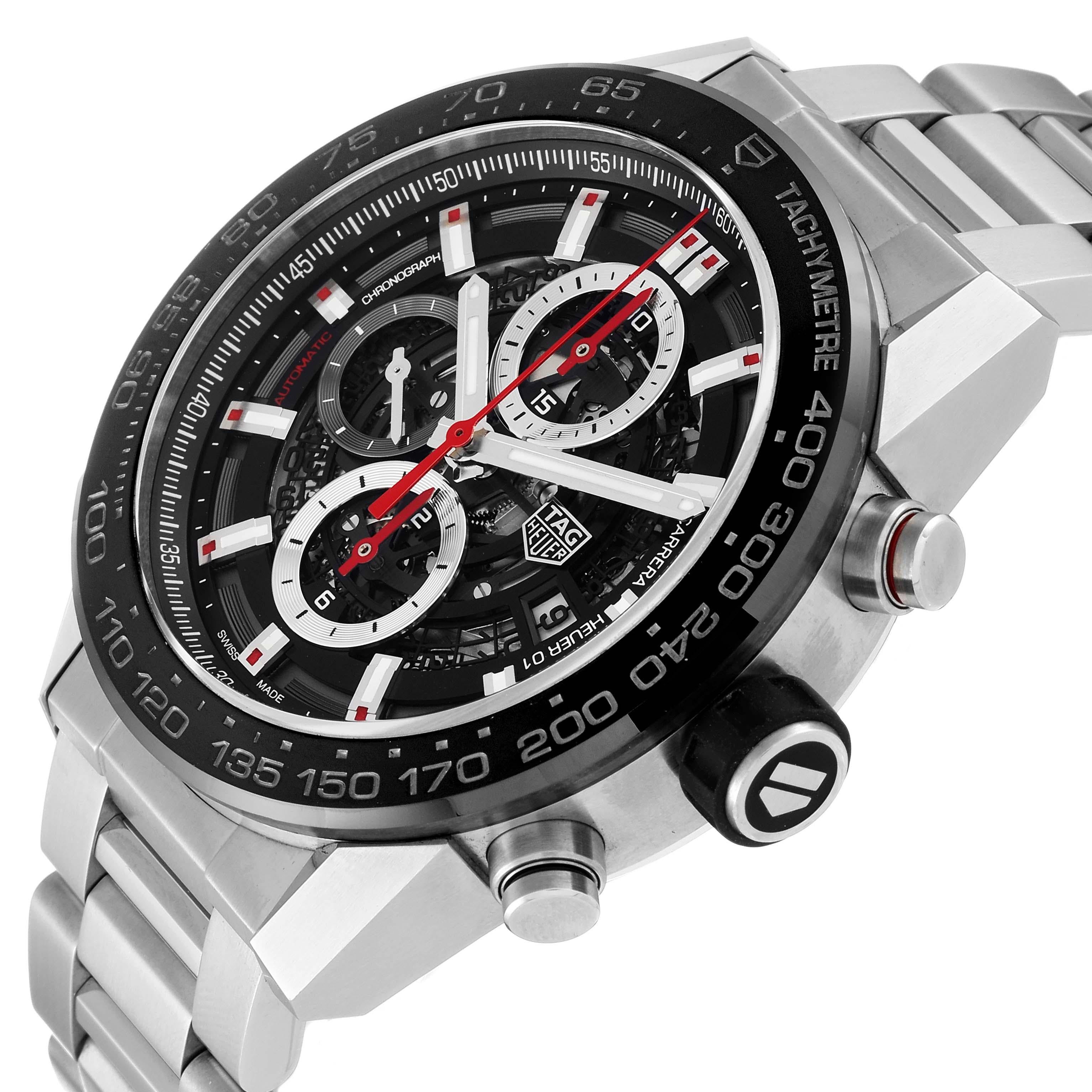 Tag Heuer Carrera Skeleton Dial Chronograph Steel Mens Watch CAR2A1W Box Card For Sale 1