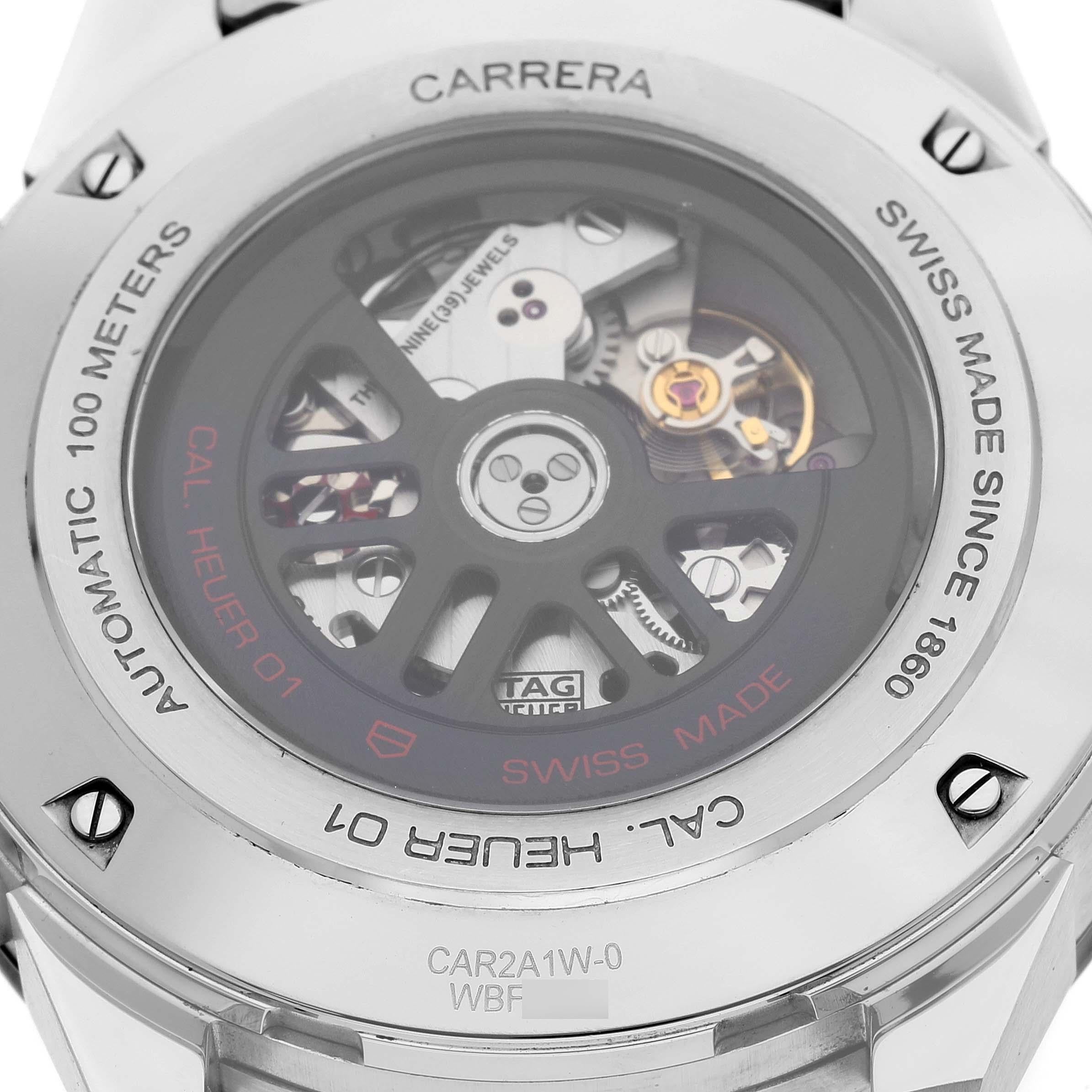 Tag Heuer Carrera Skeleton Dial Chronograph Steel Mens Watch CAR2A1W Box Card For Sale 2