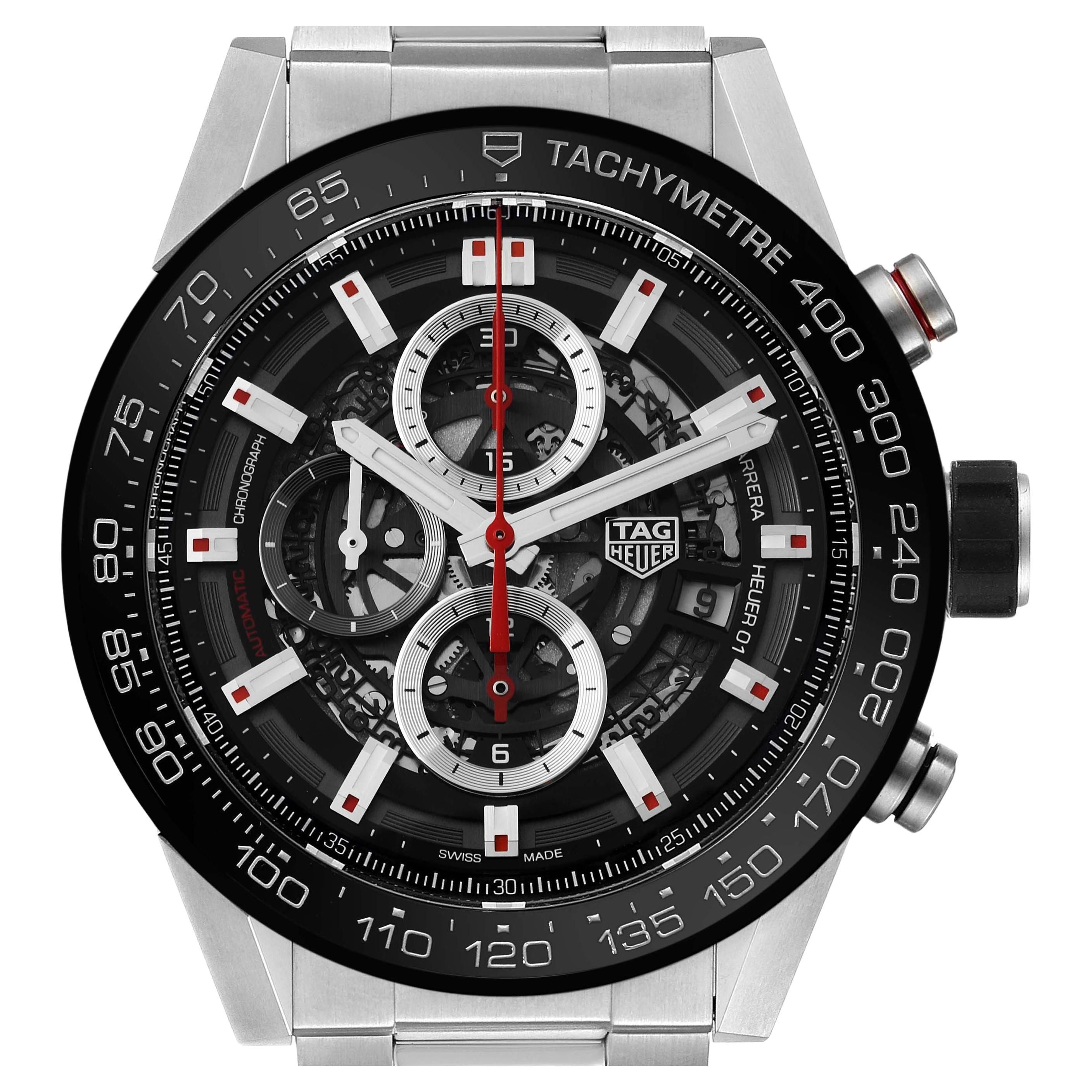 Tag Heuer Carrera Skeleton Dial Chronograph Steel Mens Watch CAR2A1W Box Card For Sale