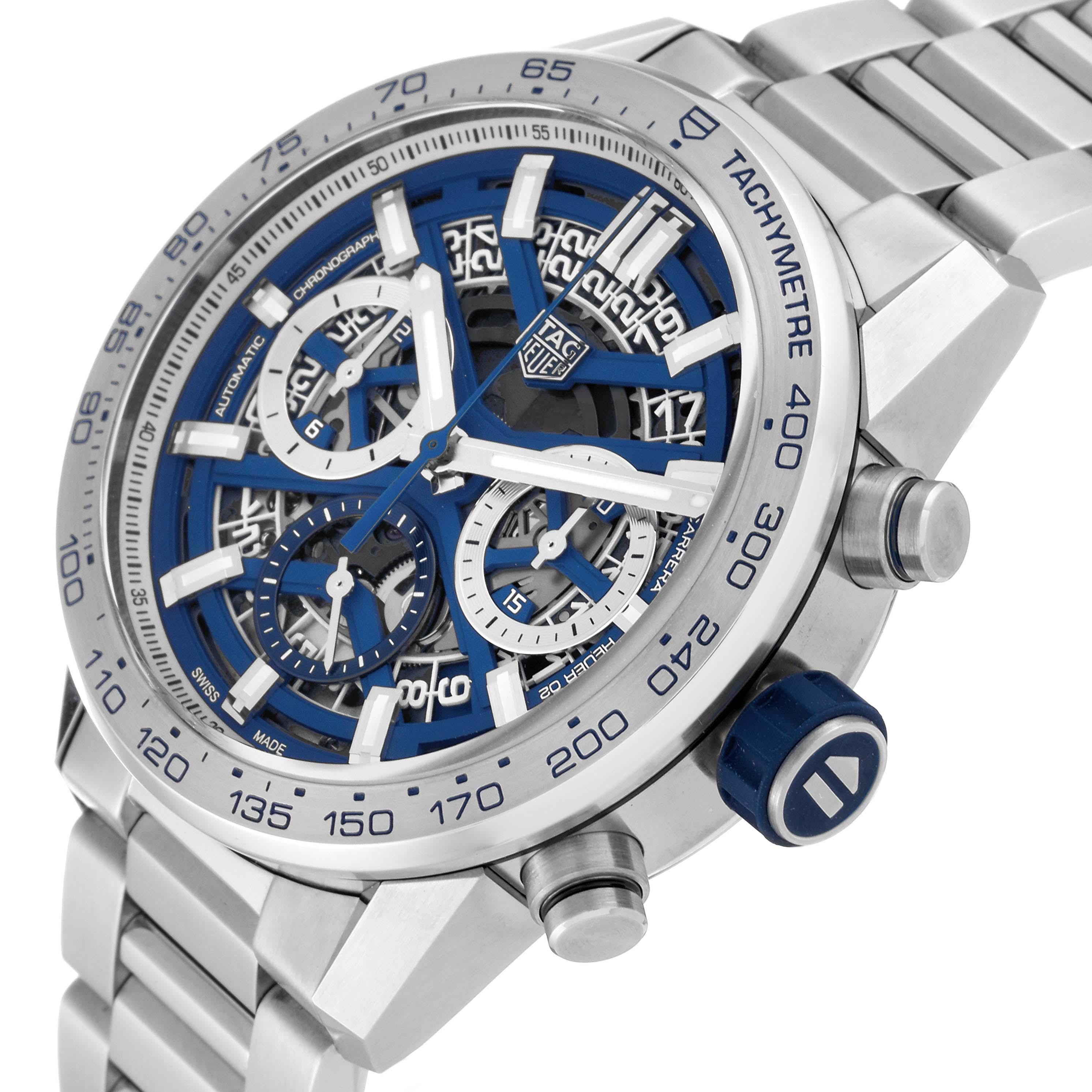 Tag Heuer Carrera Skeleton Dial Japan Limited Edition Steel Mens Watch CBG2019 Box Card. Automatic self-winding chronograph movement. Stainless steel case 43.0 mm in diameter. Transparent exhibition sapphire crystal caseback. Crown with blue rubber
