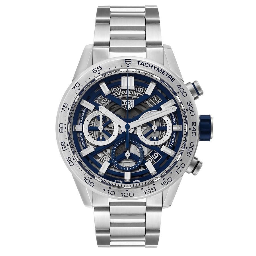 Tag Heuer Carrera Skeleton Dial Japan Limited Edition Watch CBG2019 Box Card. Automatic self-winding chronograph movement. Stainless steel case 43.0 mm in diameter. Exhibition sapphire case back. Crown with blue rubber grip. Stainless steel bezel