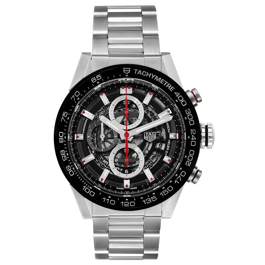 TAG Heuer Carrera Skeleton Dial Mens Watch CAR201V Box Card. Automatic self-winding movement. Stainless steel case 43 mm. Case thickness: 16.5 mm. Exhibition sapphire crystal caseback. Black ceramic bezel with tachymeter scale. Scratch resistant