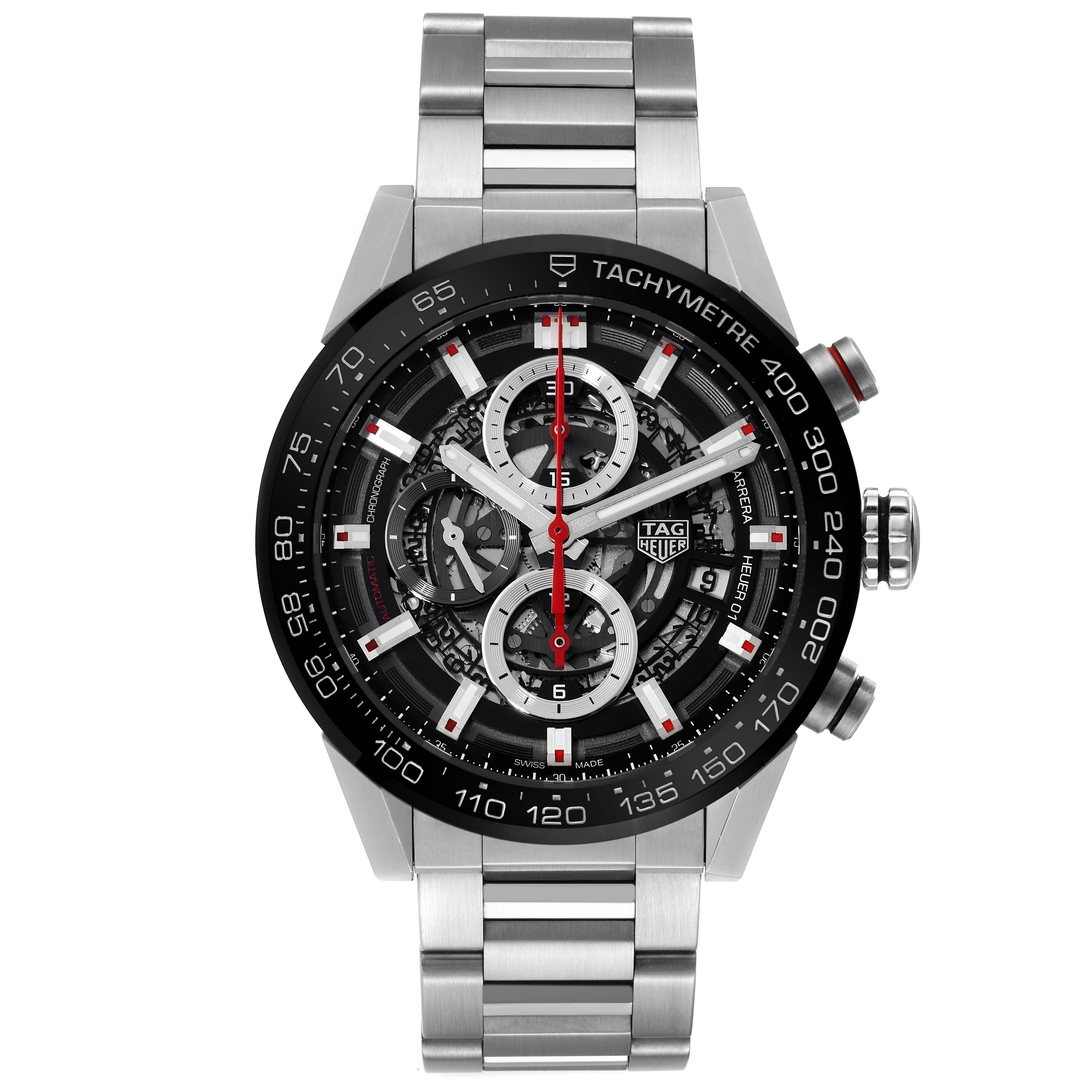 TAG Heuer Carrera Skeleton Dial Steel Mens Watch CAR201V Box Card. Automatic self-winding movement. Stainless steel case 43 mm. Case thickness: 16.5 mm. Exhibition transparent sapphire crystal caseback. Black ceramic bezel with tachymeter scale.