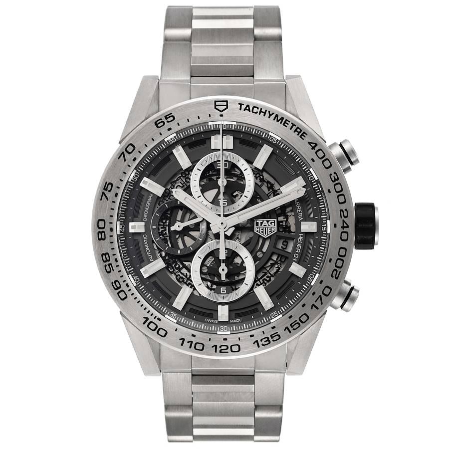 TAG Heuer Carrera Skeleton Dial Titanium Mens Watch CAR2A8A Box Card. Automatic self-winding movement. Titanium case 45 mm in diameter. Case thickness: 16.5 mm. Exhibition sapphire crystal caseback. Steel and rubber crown. Titanium bezel with black
