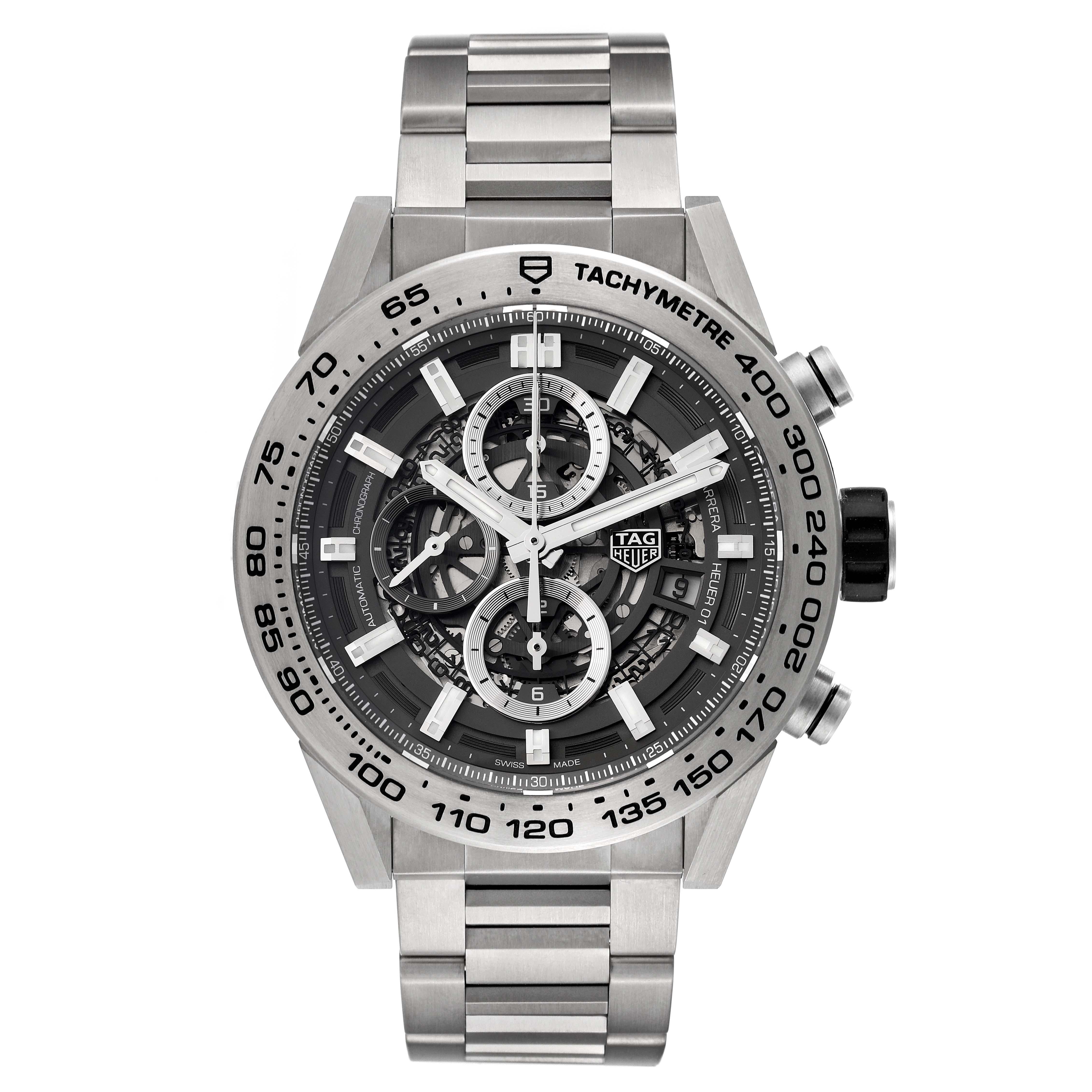 TAG Heuer Carrera Skeleton Dial Titanium Mens Watch CAR2A8A Box Card. Automatic self-winding movement. Titanium case 45 mm in diameter. Case thickness: 16.5 mm. Exhibition sapphire crystal caseback. Steel and rubber crown. Titanium bezel with black