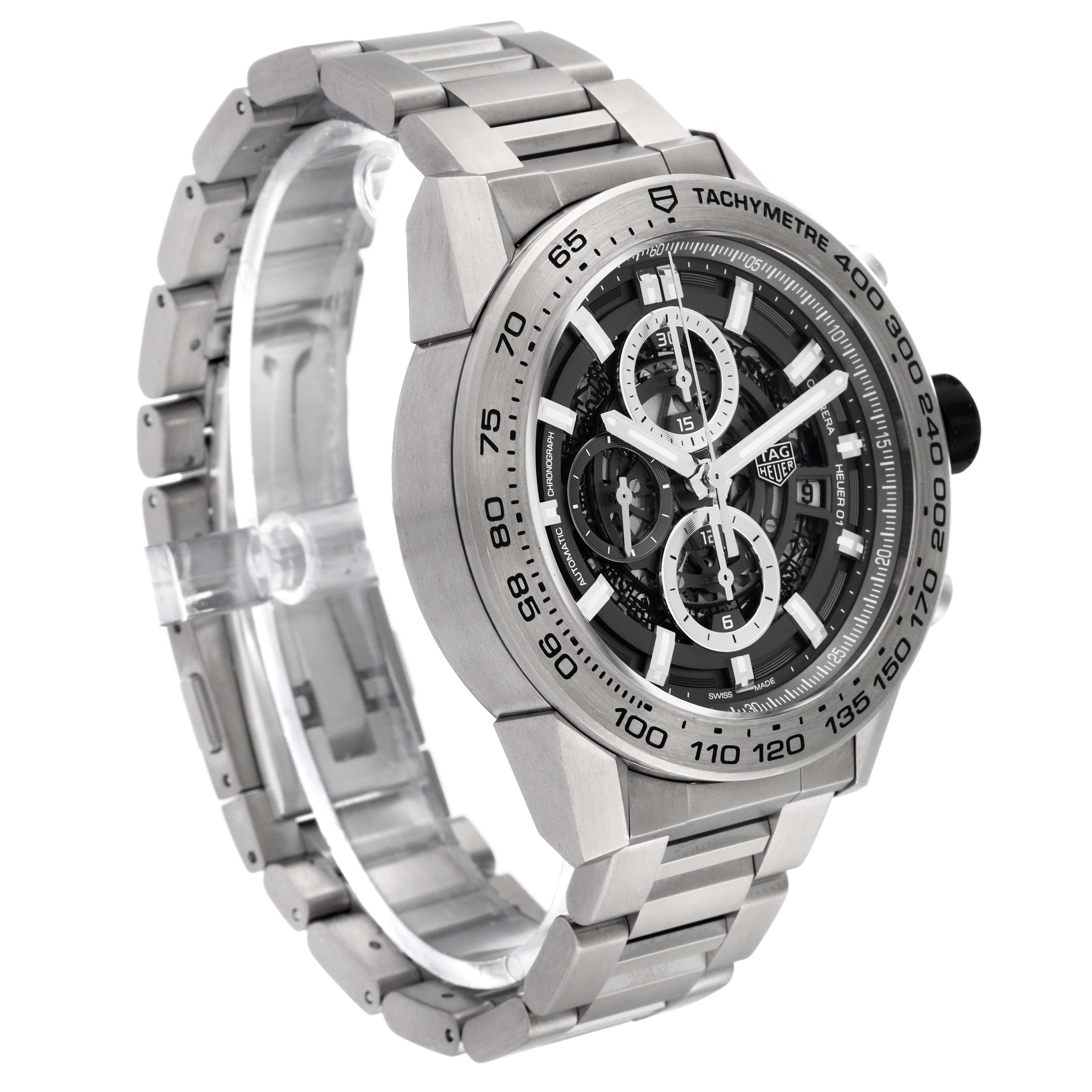 TAG Heuer Carrera Skeleton Dial Titanium Mens Watch CAR2A8A Box Card. Automatic self-winding movement. Titanium case 45 mm in diameter. Case thickness: 16.5 mm. Exhibition transparent sapphire crystal caseback. Steel and rubber crown. Titanium bezel