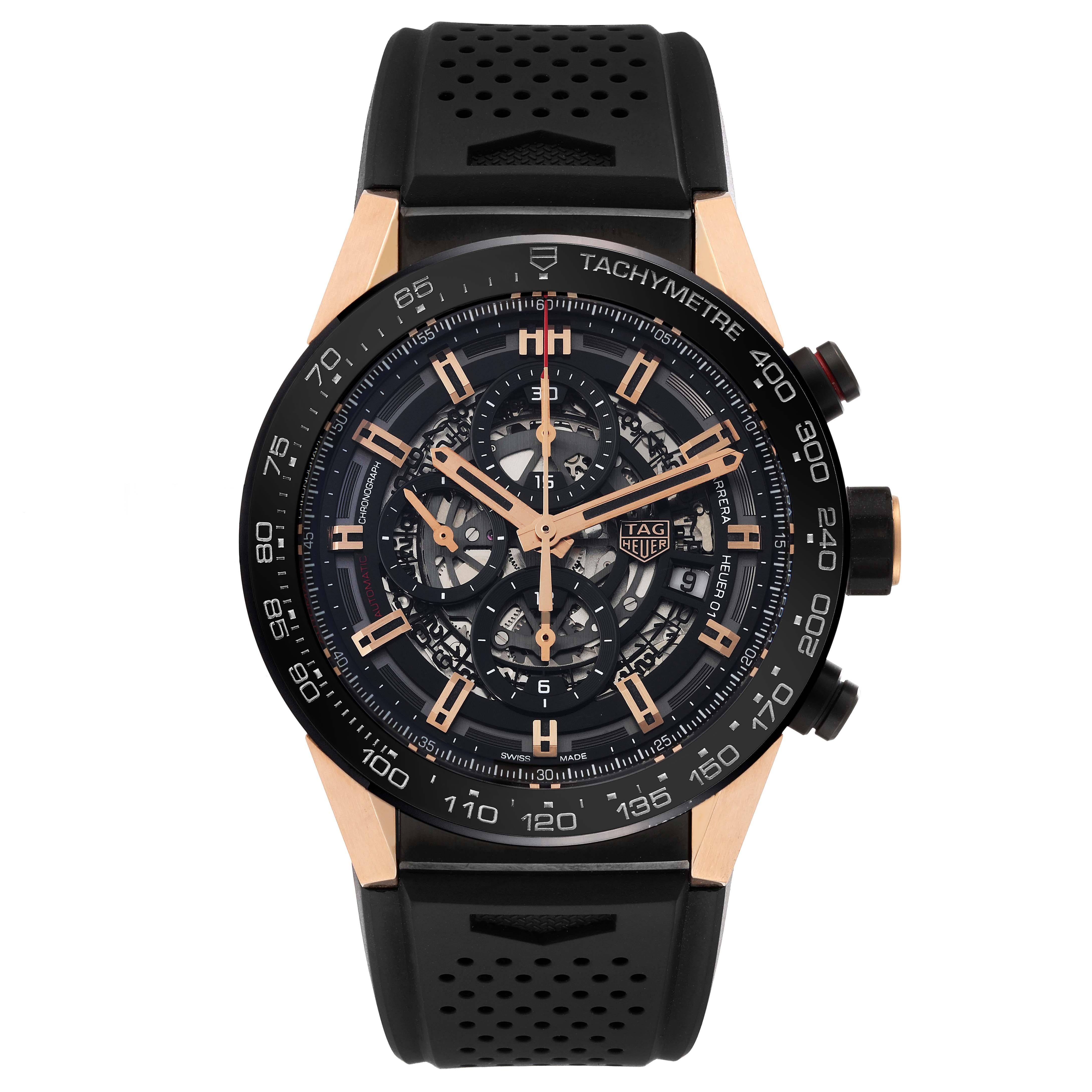Tag Heuer Carrera Skeleton Dial Titanium Rose Gold Mens Watch CAR2A5A Box Card. Automatic self-winding chronograph movement. Titanium PVD and 18k rose gold case 45.0 mm in diameter. Case thickness: 16.5mm. 18k rose gold crown with rubber grip.