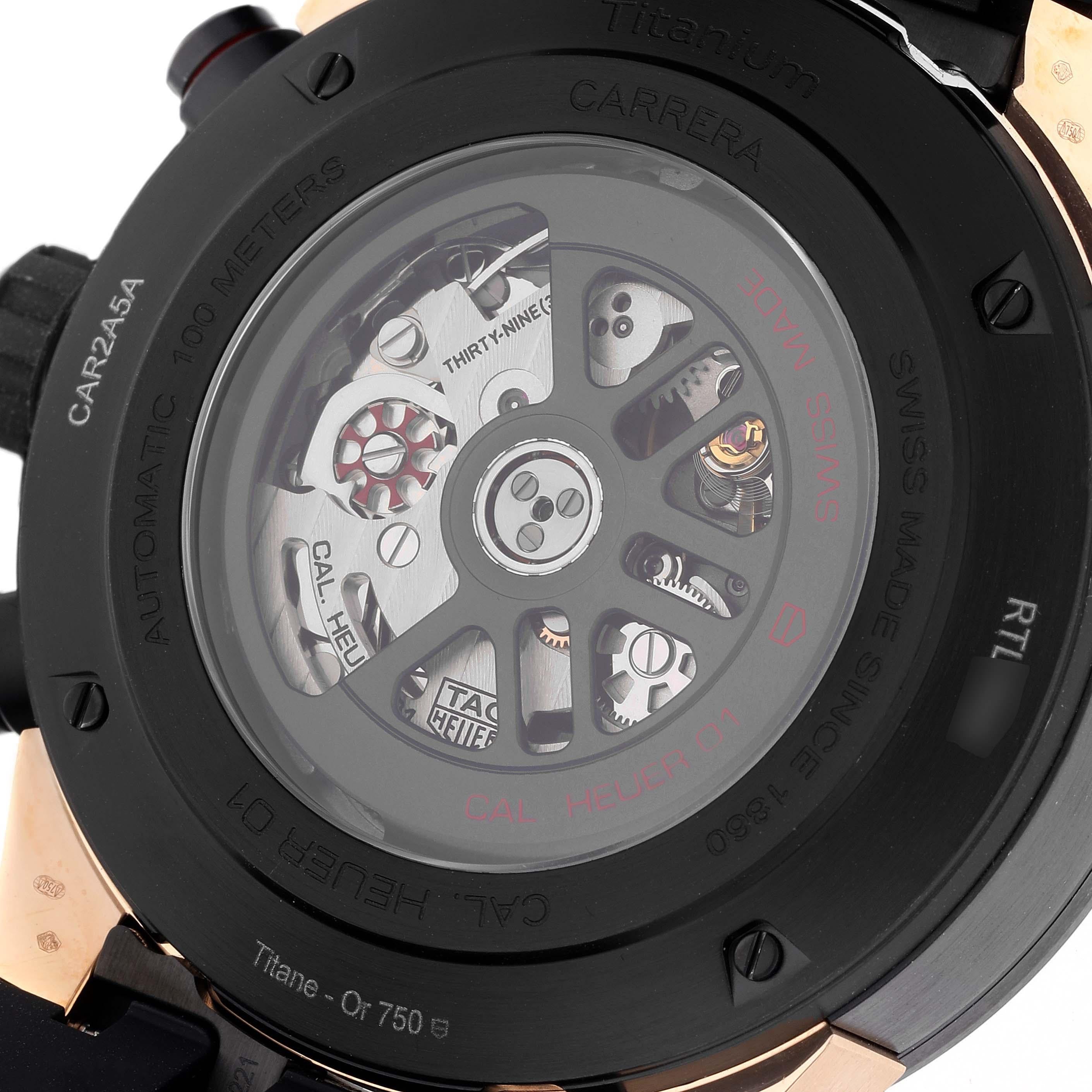 Tag Heuer Carrera Skeleton Dial Titanium Rose Gold Mens Watch CAR2A5A Box Card In Excellent Condition In Atlanta, GA