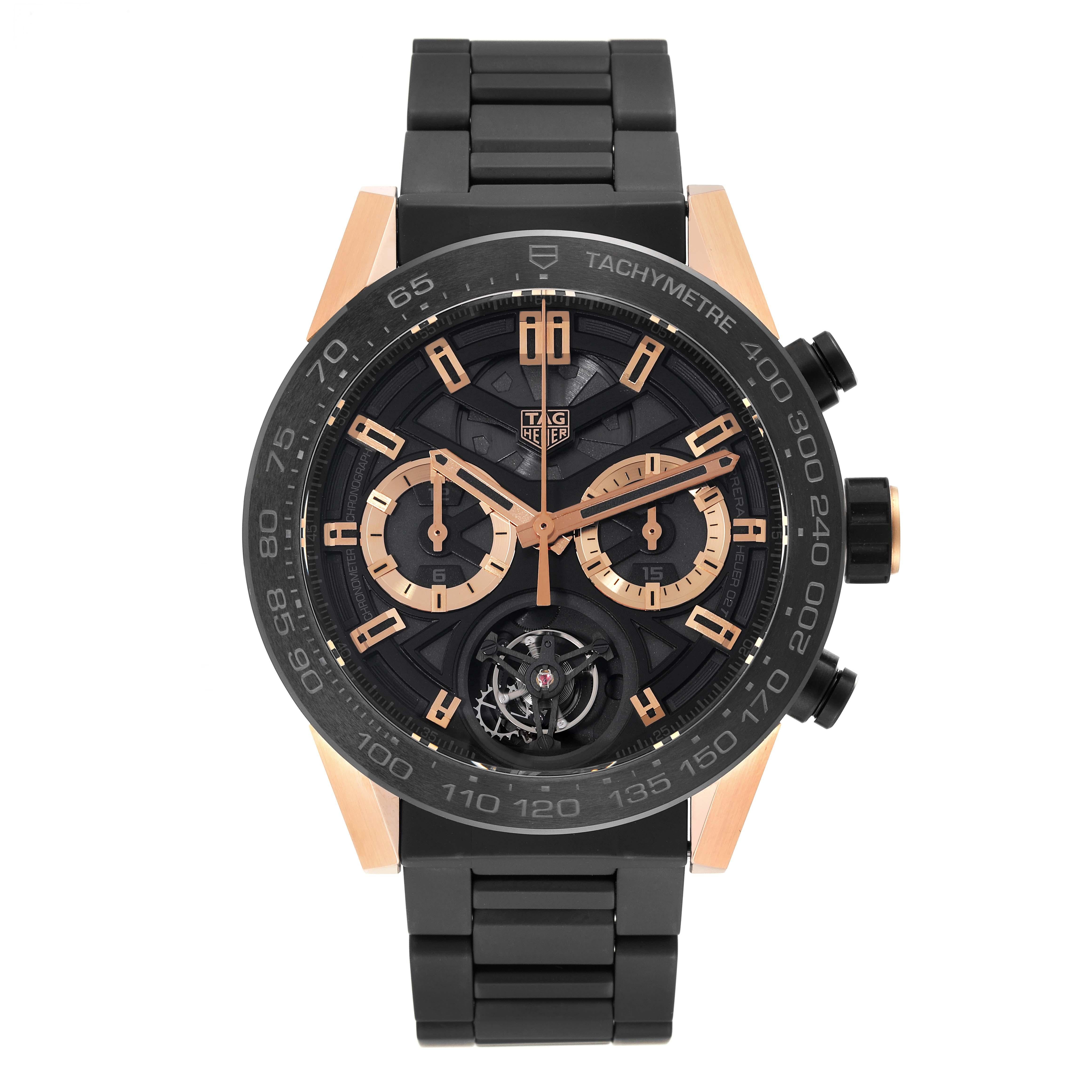 Tag Heuer Carrera Skeleton Dial Titanium Rose Gold Mens Watch CAR5A5Y Box Card In Excellent Condition For Sale In Atlanta, GA