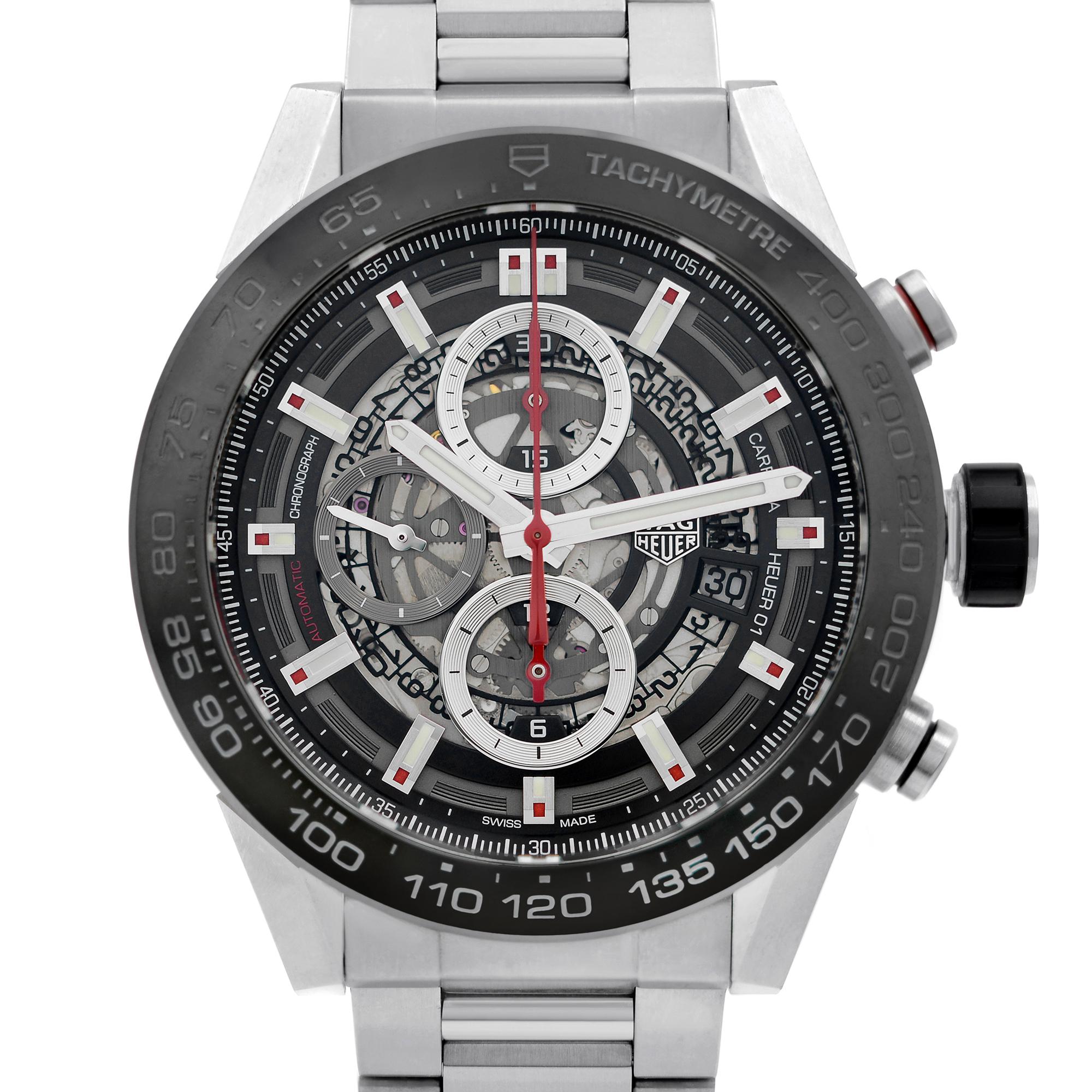 Excellent Condition. Pre-owned Tag Heuer Carrera Chronograph Automatic Men's Watch. Skeleton Dial. tag Heuer Calibre 01 Contains 39 Jewels.   No Original Box and Papers are Included. Comes with Chronostore Presentation Box and Authenticity Card.