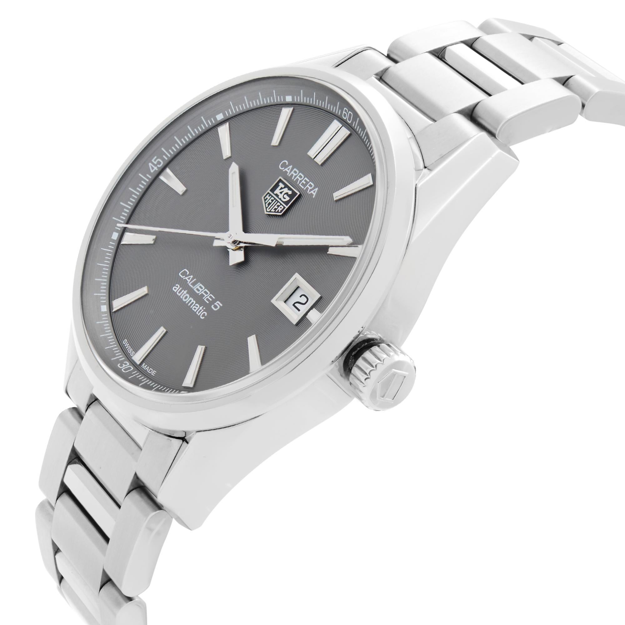 TAG Heuer Carrera Stainless Steel Grey Dial Automatic Mens Watch WAR211C In Excellent Condition In New York, NY