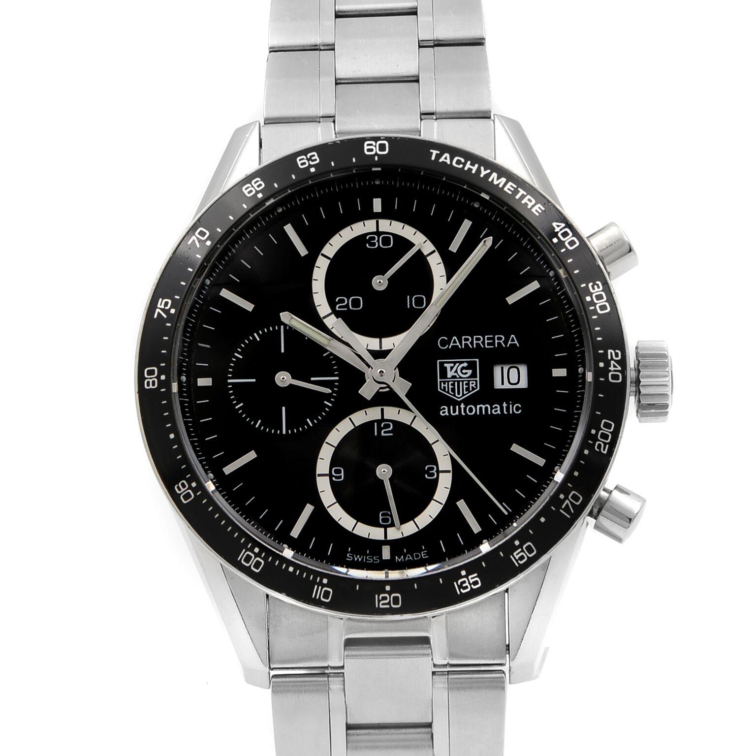 This pre-owned TAG Heuer Carrera CV2010.BA0794 is a beautiful men's timepiece that is powered by mechanical (automatic) movement which is cased in a stainless steel case. It has a round shape face, chronograph, date indicator, small seconds subdial