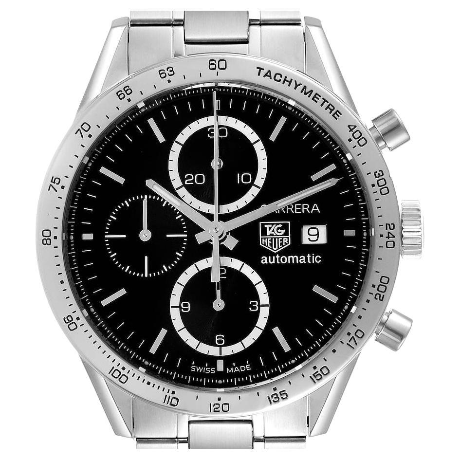 Tag Heuer Carrera Stahl schwarzes Zifferblatt Chronograph Herrenuhr CV2016 Box Card im Angebot