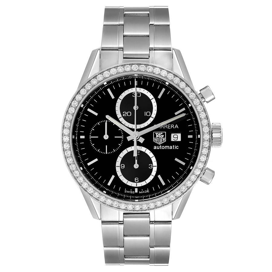 Tag Heuer Carrera Steel Black Dial Diamond Chronograph Mens Watch CV201J. Automatic self-winding movement. Polished stainless steel case 41.0 mm with chronograph pushers and a crown. Original Tag Heuer factory diamond bezel . Scratch resistant