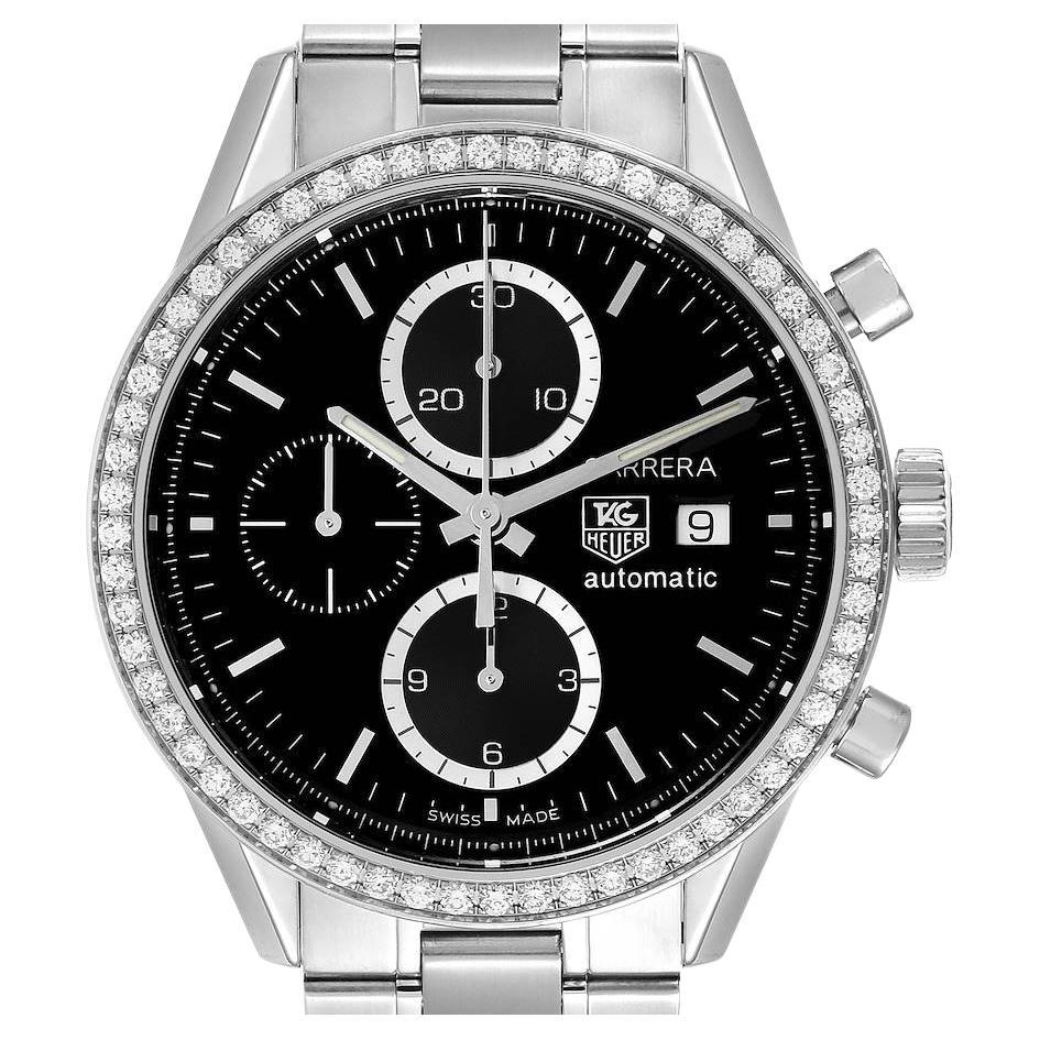 TAG Heuer Carrera Steel Black Dial Diamond Chronograph Mens Watch CV201J For Sale