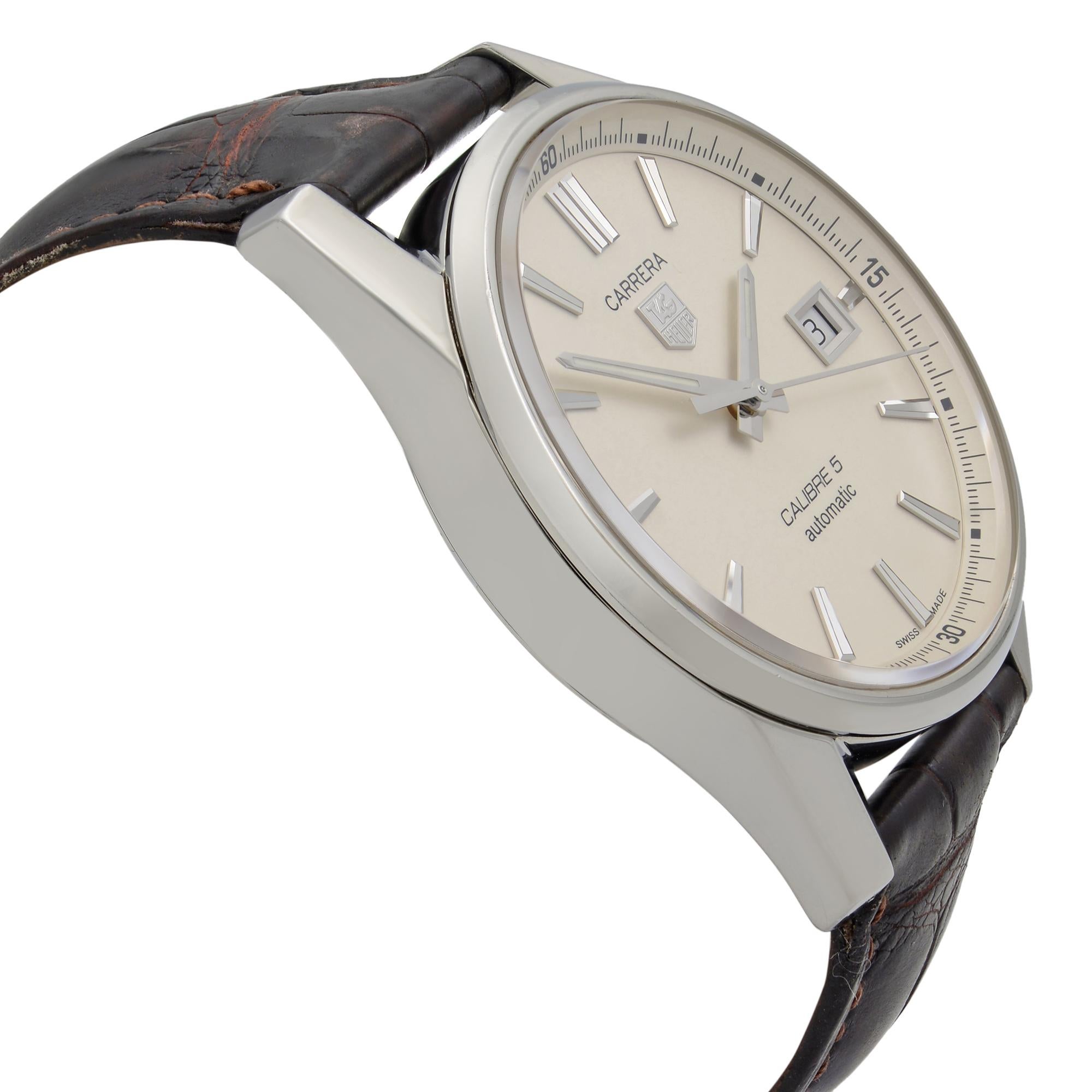 TAG Heuer Carrera Steel Leather Silver Date Dial Automatic Watch WAR211B.FC6181 In Good Condition In New York, NY