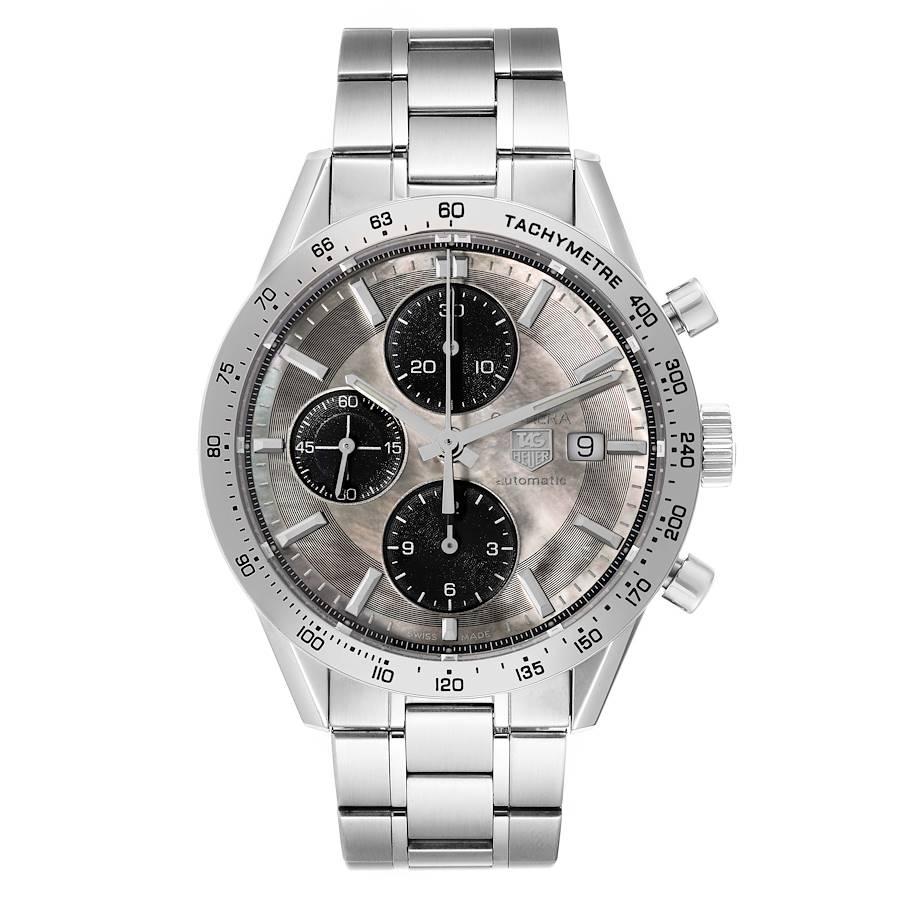Tag Heuer Carrera Steel Mother Of Pearl Dial Chronograph Mens Watch CV201P Box Card. Automatic self-winding movement. Polished stainless steel case 41.0 mm with chronograph pushers and a crown. Stainless steel bezel with tachymeter scale. Scratch