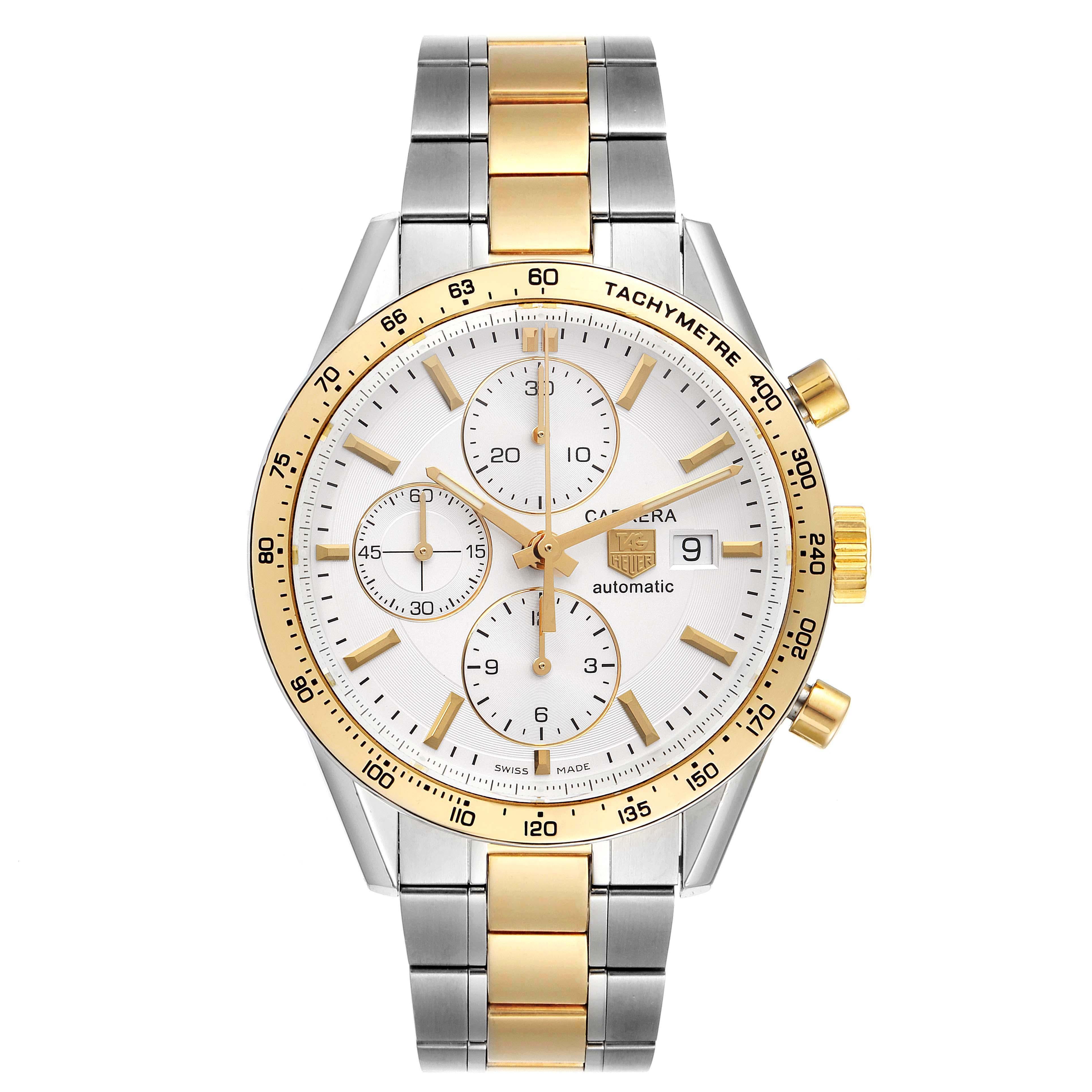 Tag Heuer Carrera Steel Yellow Gold Chronograph Mens Watch CV2050 Box Card. Automatic self-winding movement. Polished stainless steel case 41.0 mm with yellow gold chronograph pushers and a crown. Yellow gold bezel with tachymeter scale. Scratch