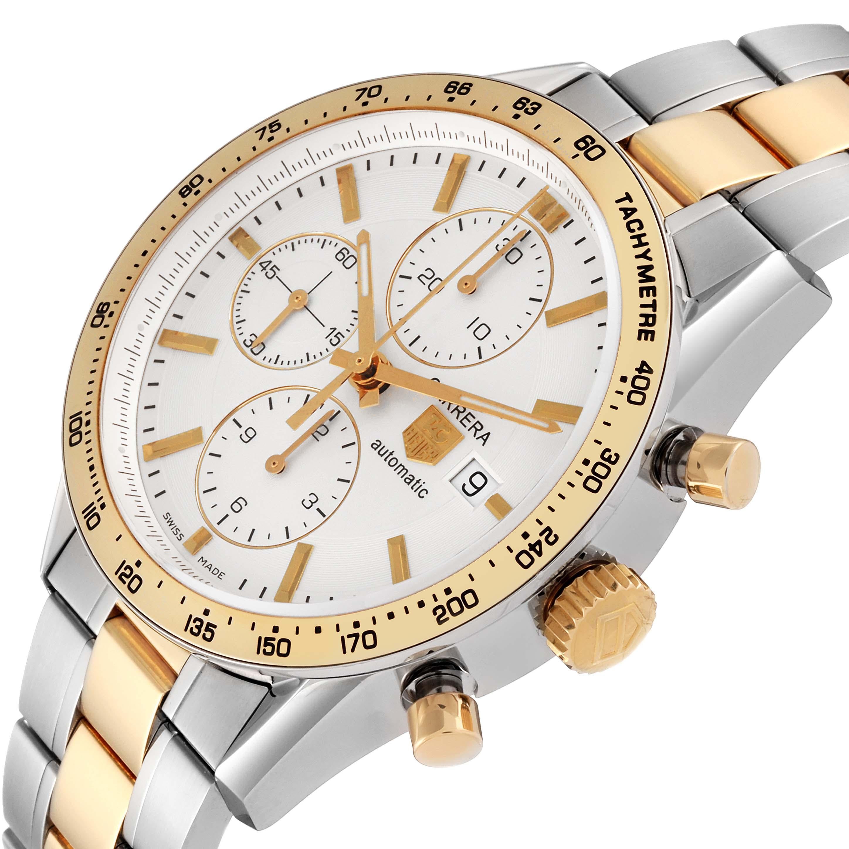 Tag Heuer Carrera Steel Yellow Gold Chronograph Mens Watch CV2050 Box Card. Automatic self-winding movement. Polished stainless steel case 41.0 mm with yellow gold chronograph pushers and a crown. Transparent exhibition sapphire crystal caseback.