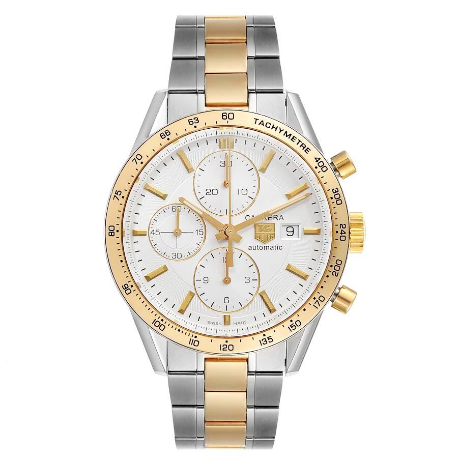 Tag Heuer Carrera Steel Yellow Gold Chronograph Mens Watch CV2050 Card. Automatic self-winding movement. Polished stainless steel case 41.0 mm with yellow gold chronograph pushers and a crown. Yellow gold bezel with tachymeter scale. Scratch