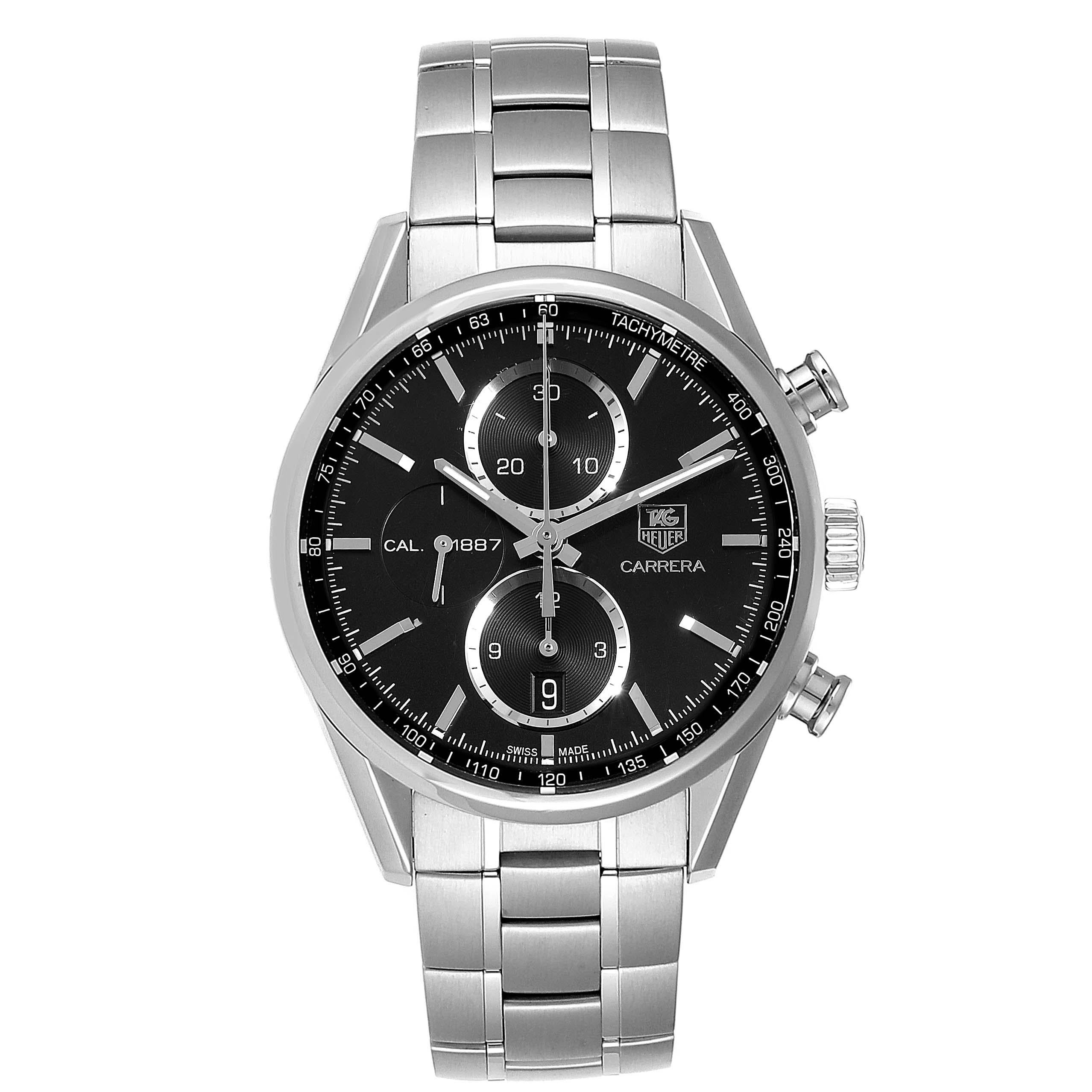 Tag Heuer Carrera Tachymeter Chronograph Mens Watch CAR2110 Box Card. Automatic self-winding chronograph movement. Stainless steel case 41.0 mm in diameter. Stainless steel bezel. Scratch resistant sapphire crystal. Black dial with luminous hands