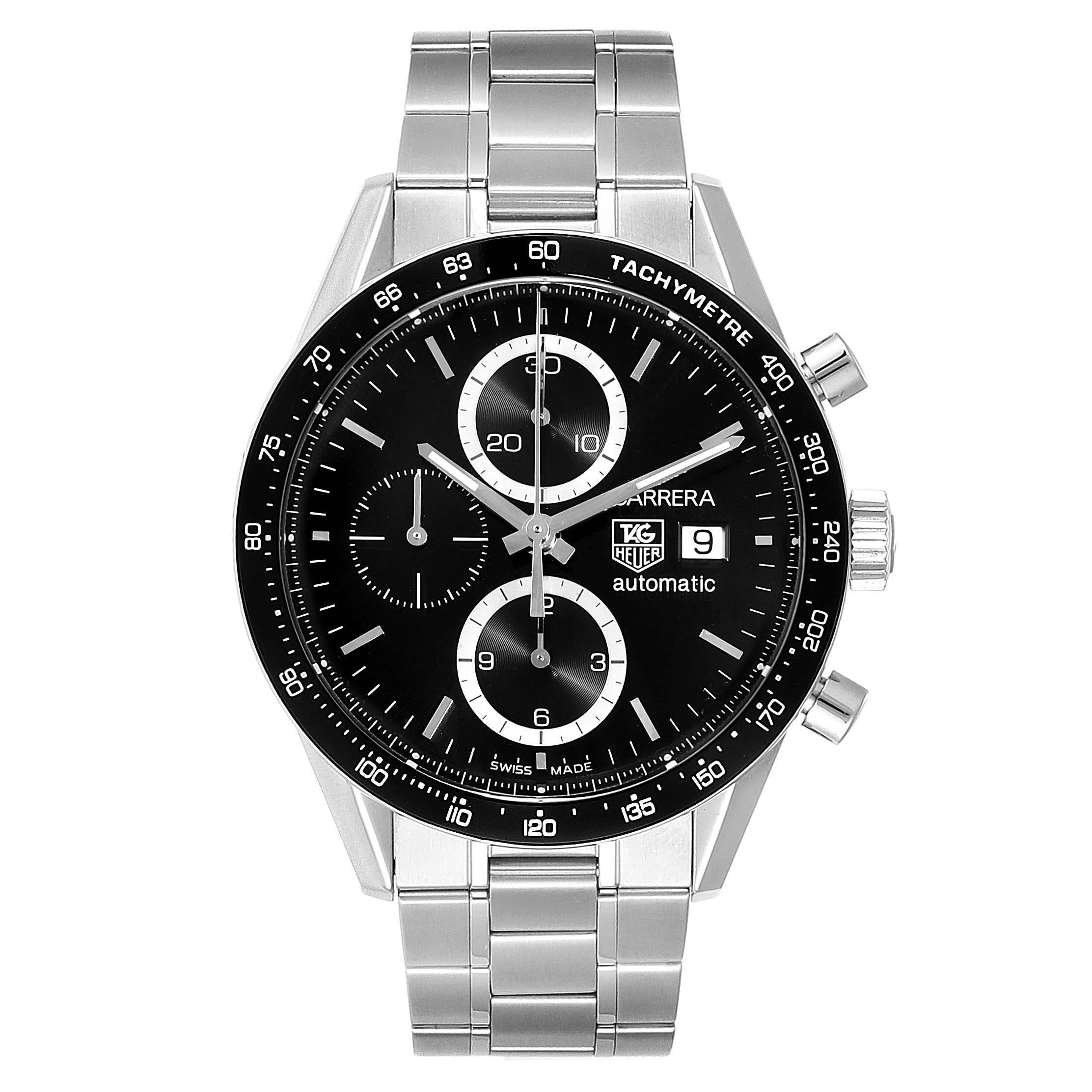 Tag Heuer Carrera Tachymeter Chronograph Mens Watch CV2010 Box Card. Automatic self-winding chronograph movement. Stainless steel case 41.0 mm in diameter. Black ion-plated bezel with tachymeter scale. Scratch resistant sapphire crystal. Black dial