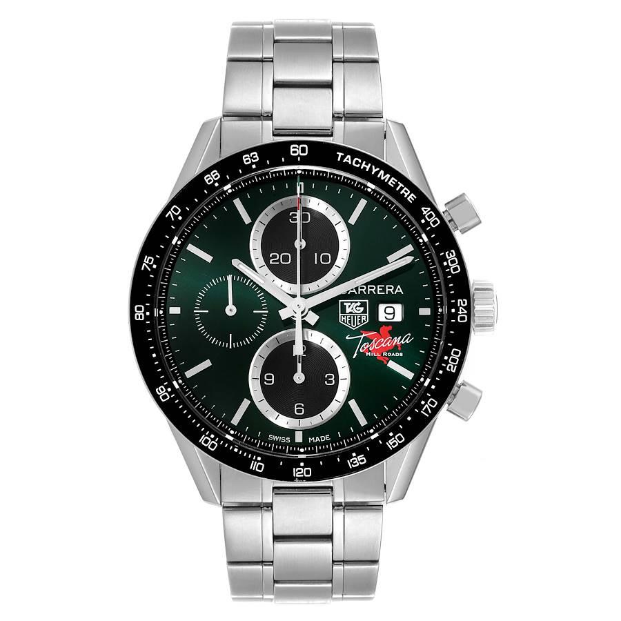Tag Heuer Carrera Toscana Hill Road LE Steel Mens Watch CV201Q. Automatic self-winding chronograph movement. Stainless steel case 41.0 mm in diameter. Exhibition sapphire case back with printed Toscana Hill Road design. Black bezel with tachymeter