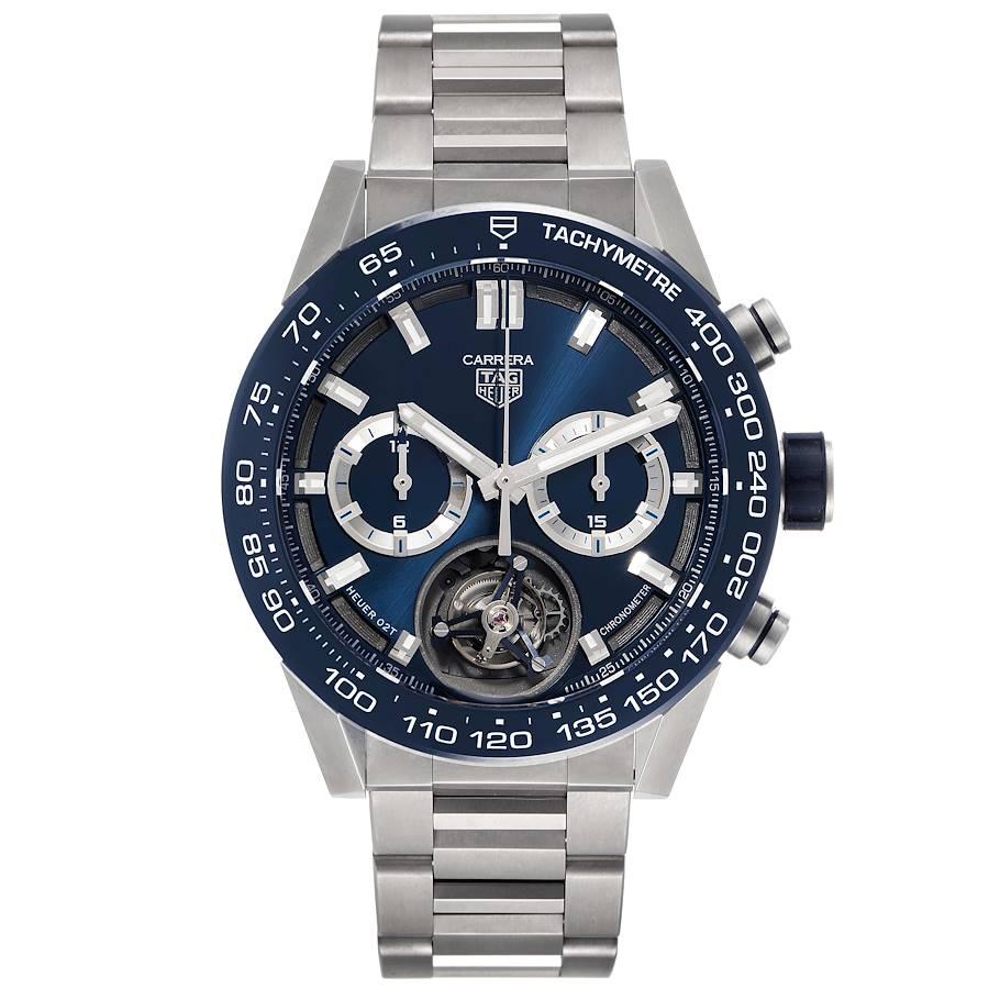 Tag Heuer Carrera Tourbillon Chronograph Titanium Mens Watch CAR5A8C Box Card. Automatic self-winding chronograph movement. Titanium case 45.0 mm. Exhibition transparent sapphire crystal back. Blue brushed ceramic bezel with tachymeter scale.