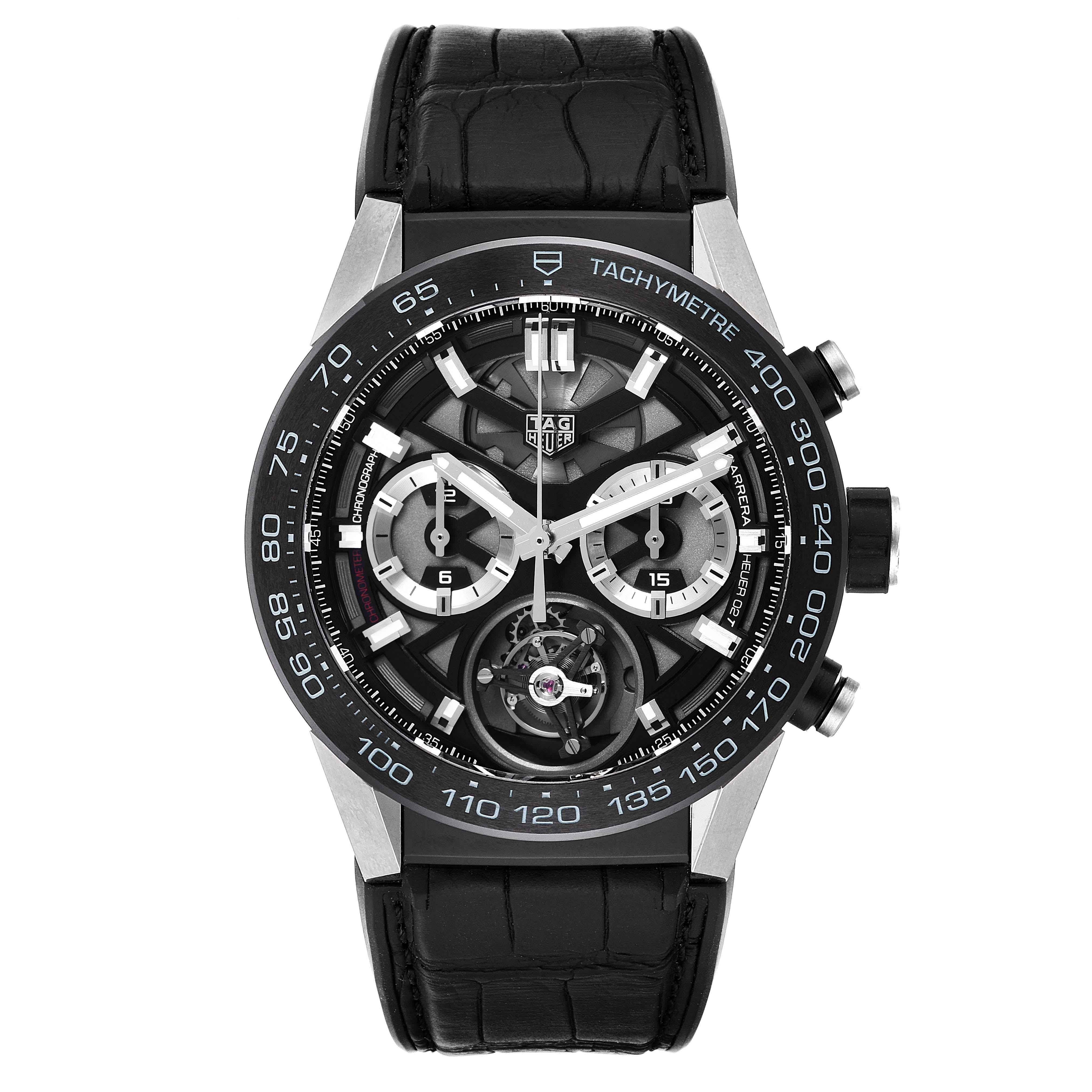 Tag Heuer Carrera Tourbillon Chronograph Titanium Mens Watch CAR5A8Y. Automatic self-winding chronograph movement. Titanium case 45.0 mm. Exhibition transperent sapphire crystal back. Black brushed ceramic bezel with tachymeter scale. Scratch
